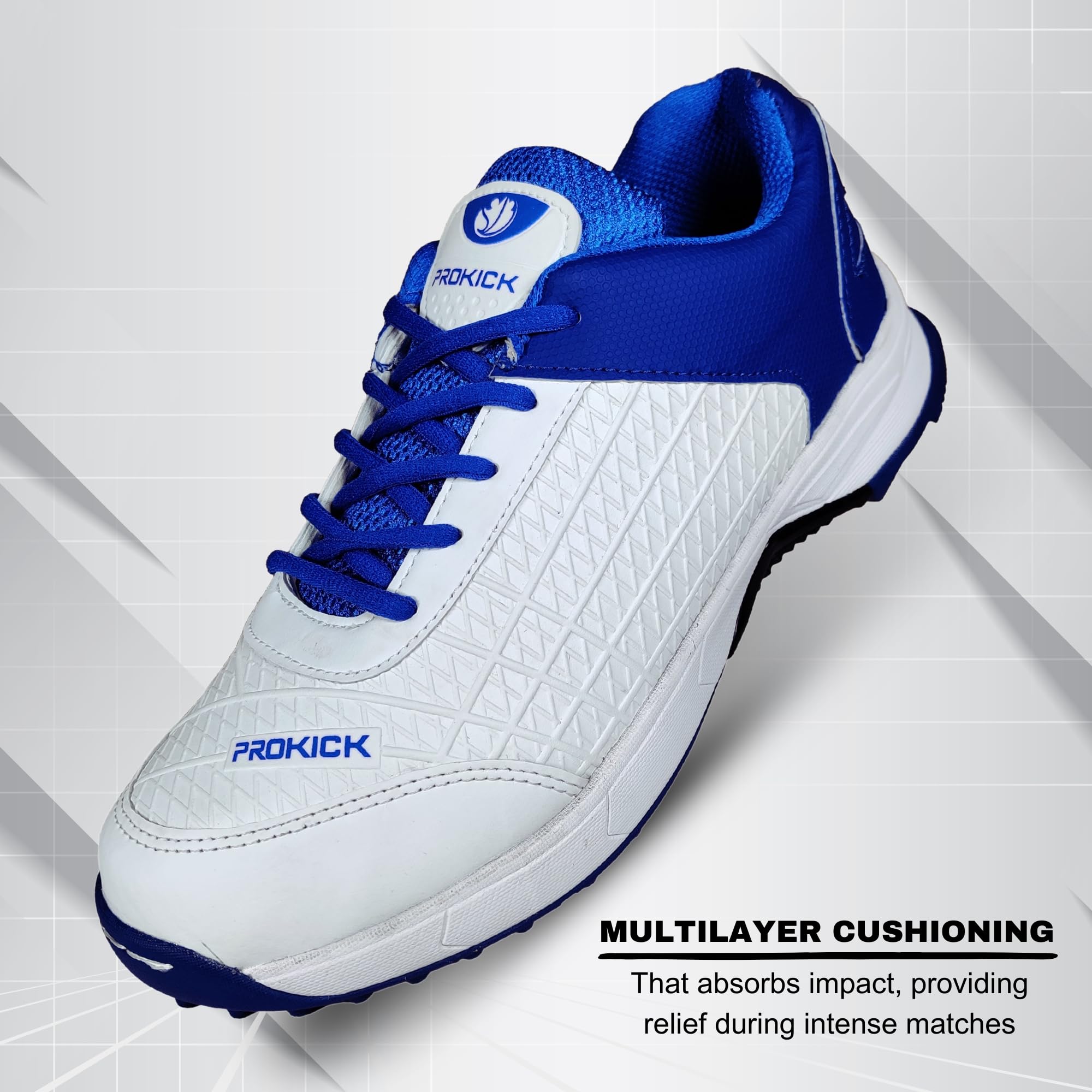 Prokick Strikers Genuine Rubber Spike Cricket Shoes, White/Blue - 11 UK 1