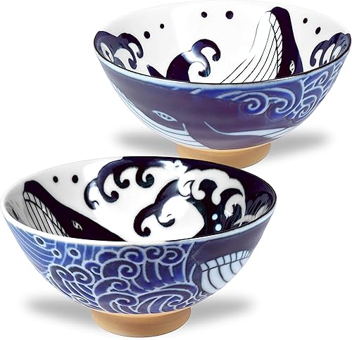 Mino Ware - Tazón de arroz japonés, sopa de fideos de ramen de arroz, pasta Sarada, Chawn de ballena ondulada, 4.6 pulgadas, 10 onzas, juego de 2