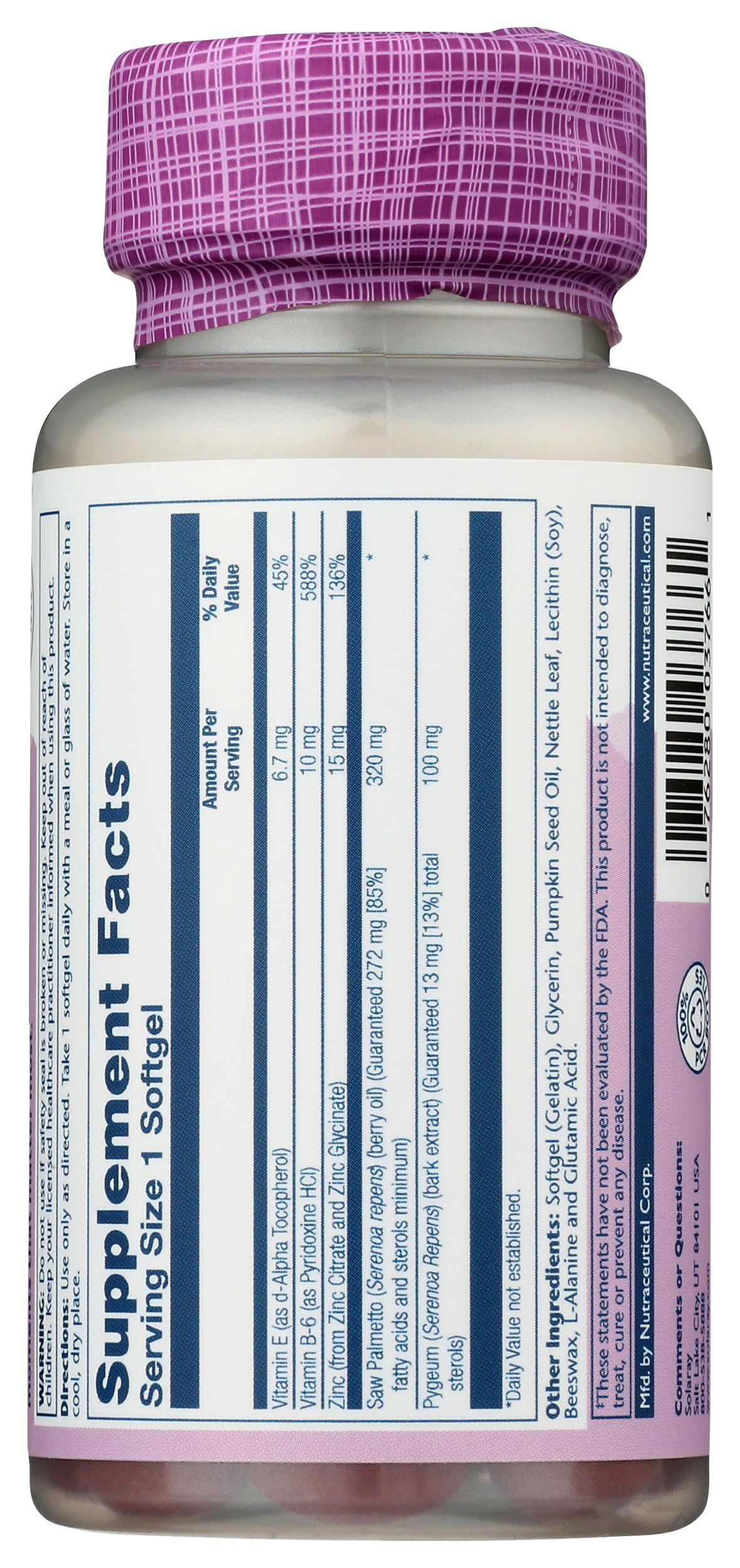 SOLARAY Saw Palmetto and Pygeum - Saw Palmetto for Men w/Pygeum Bark, Zinc, Vitamin E, Pumpkin Seed Oil - Prostate Supplements for Men w/Beta Sitosterol - 60-Day Guarantee - 30 Servings, 30 Softgels — Amazon image 4