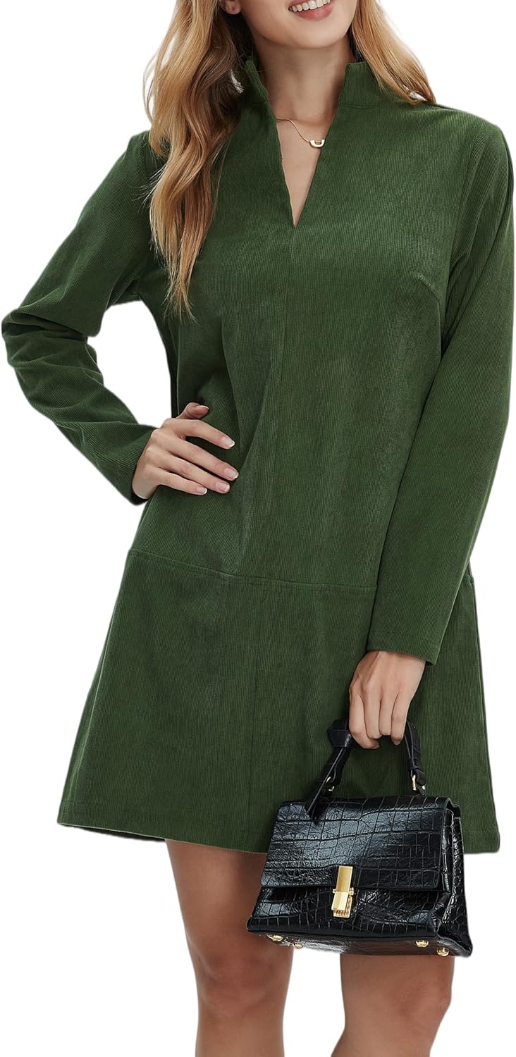 Women Corduroy Dress V Neck Long Sleeve Casual Vintage Retro A Line Mini Dresses
