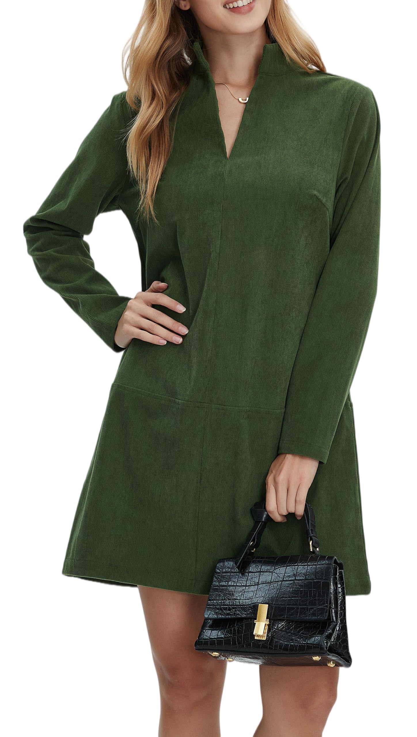 EZAPINE Women Corduroy Dress V Neck Long Sleeve Vintage Retro A Line Mini Dresses