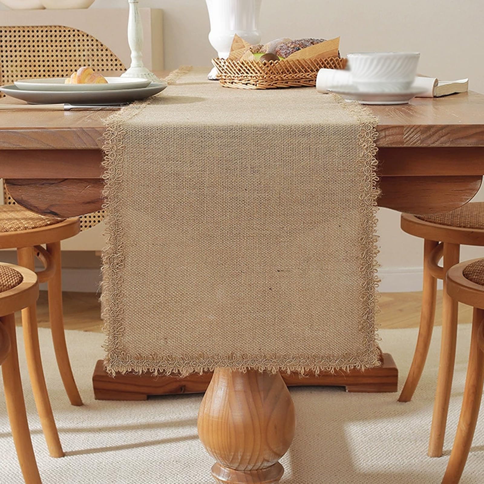 Burlap Table Runner With Lace Natural Jute Braided Farmhouse Dresser Non-Slip Machine Washable For Spring Summer Parties Living Room Style D(30*180cm/12*71 in)