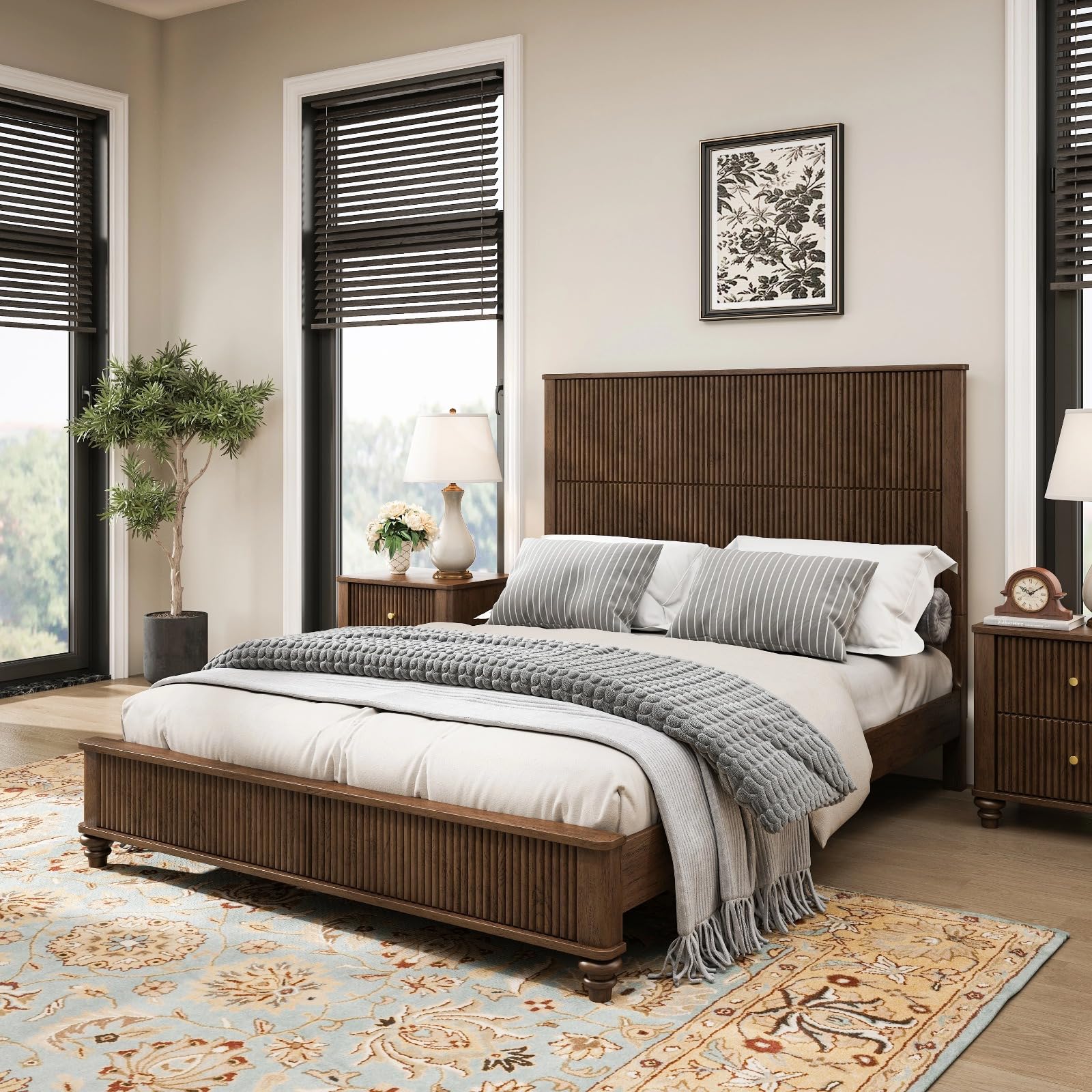YJNKU Solid Wood Queen Platform Bed Frame