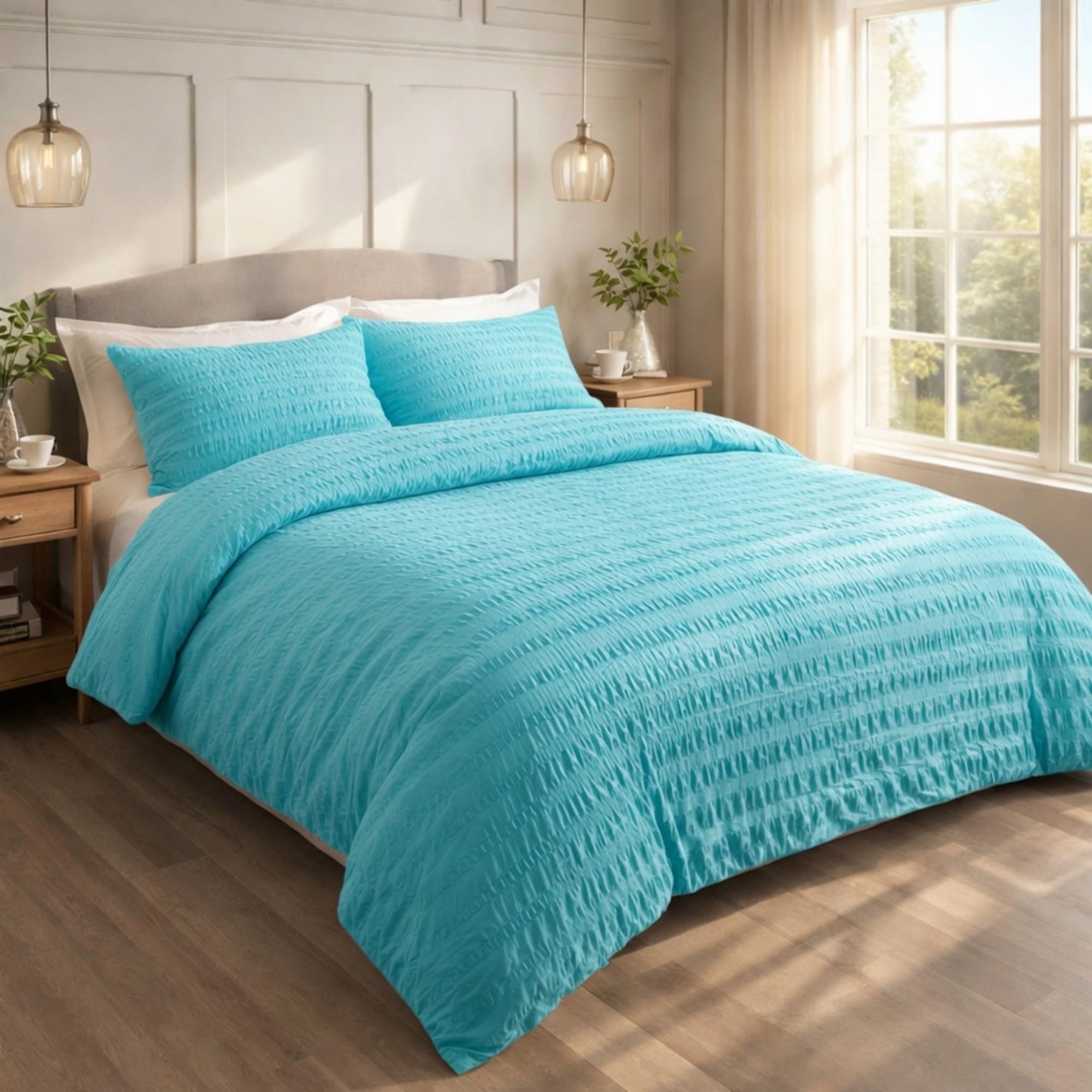 Seersucker King Duvet Cover Set Duck Egg with Pillowcase, Ultra Soft Brushed Microfiber Bedding Set, Breathable, Easy Care, Machine Washable Quilt Cover, Wrinkle Resistant
