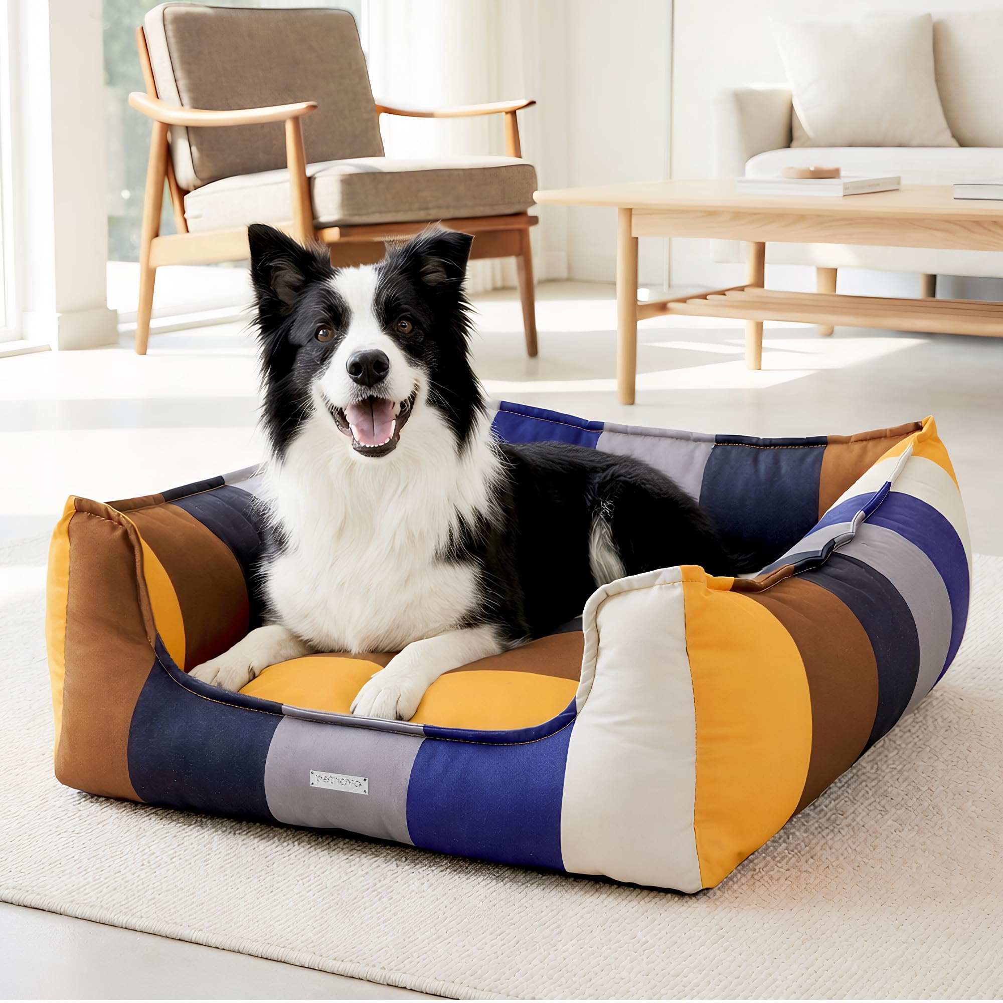 PETNOVO Lit pour Chat Arc-en-Ciel, Housse Amovible, Lavable, Corbeille de Sommeil Douillette avec Bord, Intérieur, Lit Douillet pour Chats et Petits Chiens, 75 × 55 × 20 cm, Arc-en-Ciel Bleu-Gris