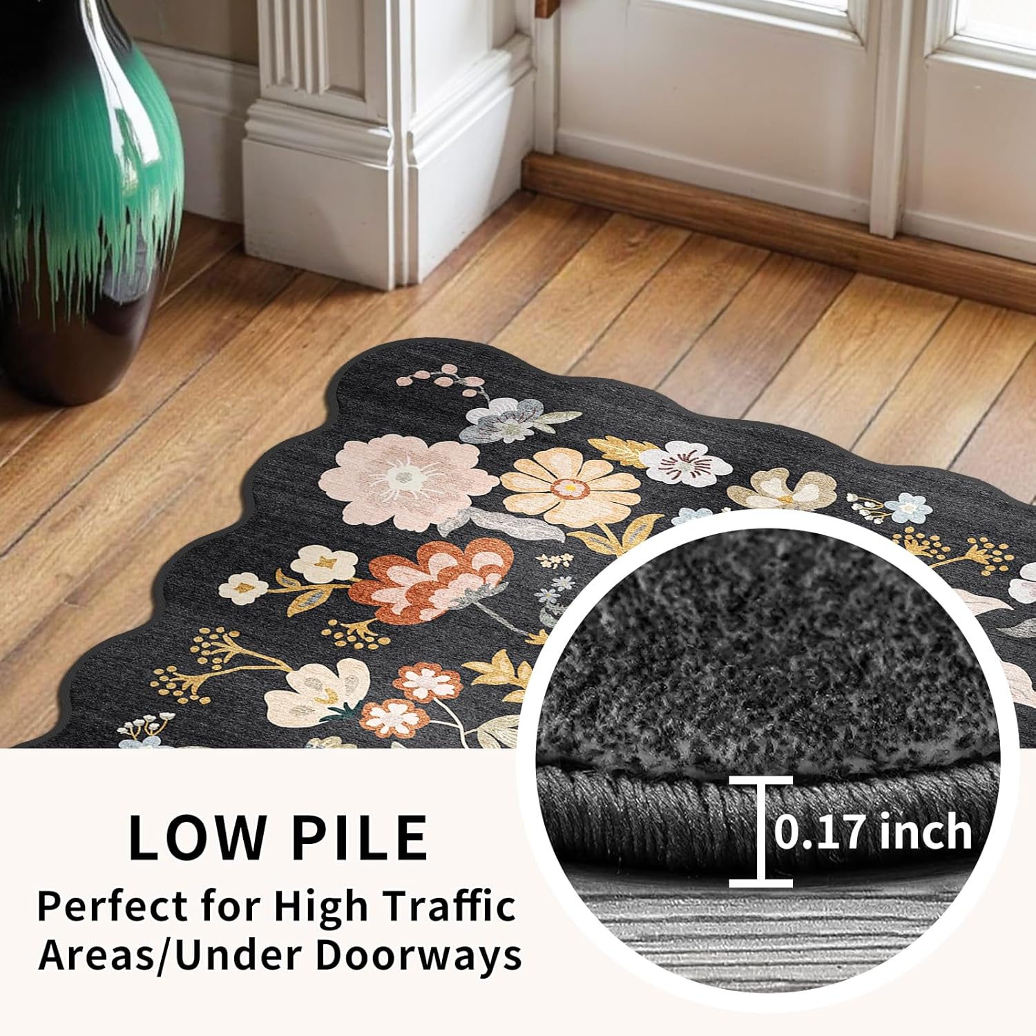 4x8 Rug Non-Slip Washable – Boho Scalloped Runner Rug for Indoor Entryway, Kitchen, Bathroom, Hallway – Low-Pile Thin Floral Wide Carpet Runner for Bedroom, Living Room, Office (Black,4x8) - Image 7
