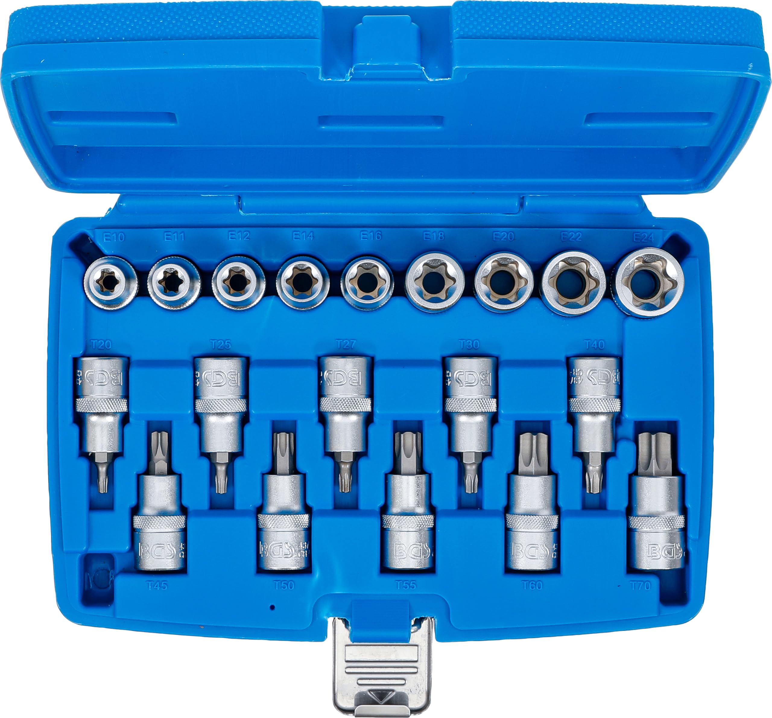 BGS 5100 | Juego de puntas y llaves de vaso | entrada 12,5 mm (1/2") | E-Torx / perfil en T (para Torx) | 19 piezas | Accionamiento cuadrado interior 12,5 mm (1/2") | perfil E | acero cromo vanadio | cromado mate | con moleteado