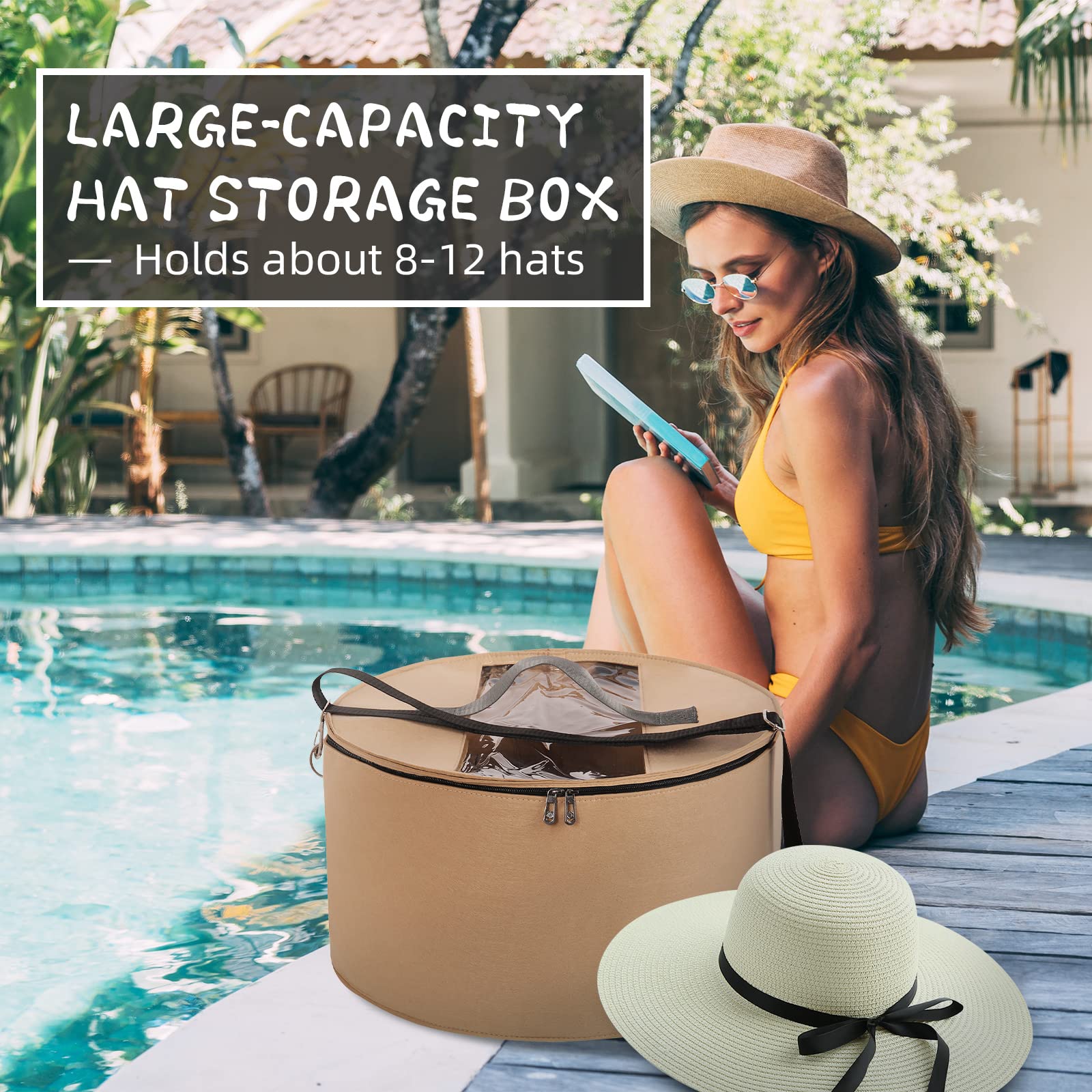 LITLANDSTAR Hat Organizer for Women and Men 17" D x 10" H Felt Round Hat Storage Box Portable Hat Container Foldable Hat Holder with Dust Proof Lid - Image 2