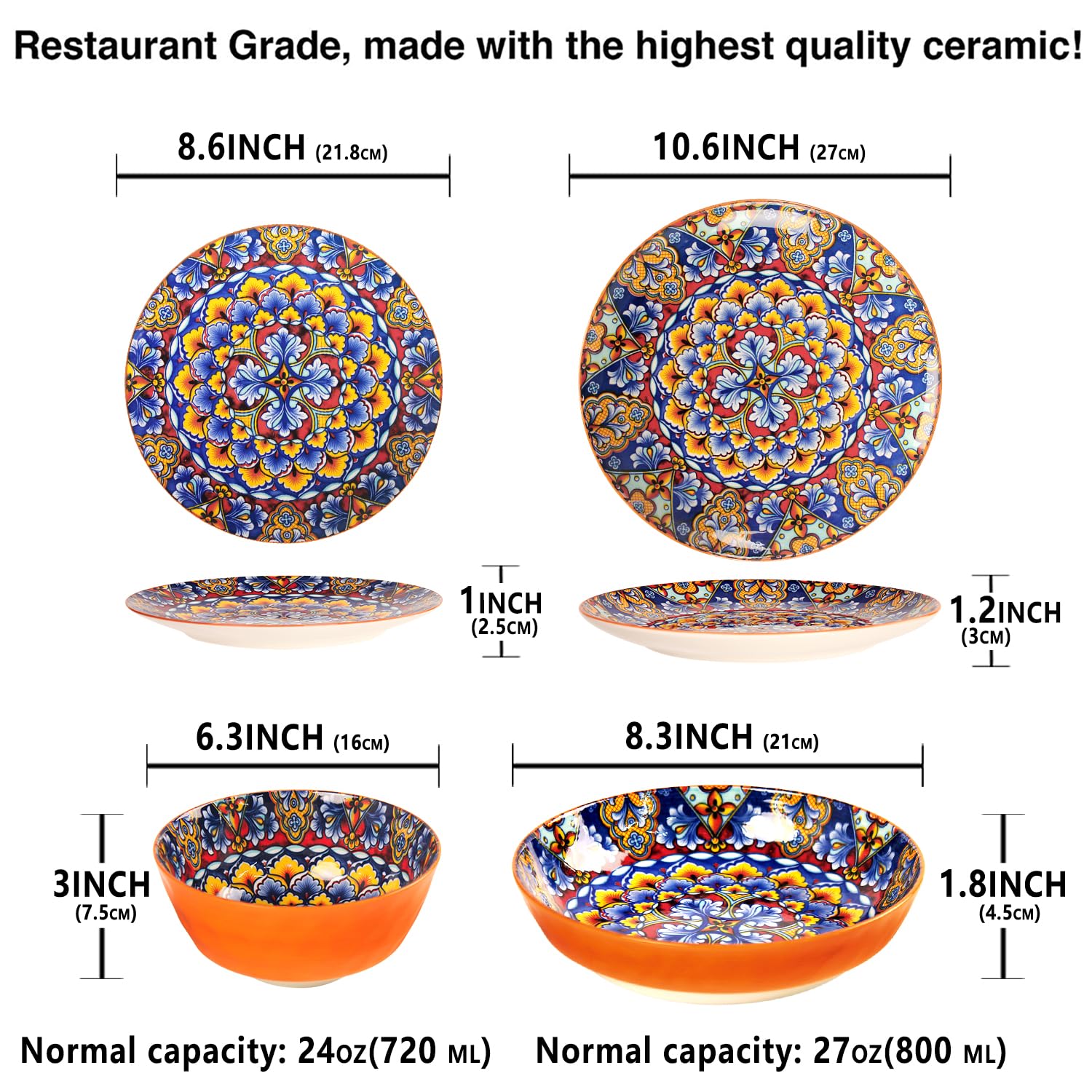 LIUYWYHCF Mandala Dinnerware Sets, Plates and Bowls Set, Porcelain Dishes (16 Pieces) Service for 4, Zanzibar, Bohemian Style Dining Ware, for Kitchen and Dining Multicolor Dinnerware Set, Orange