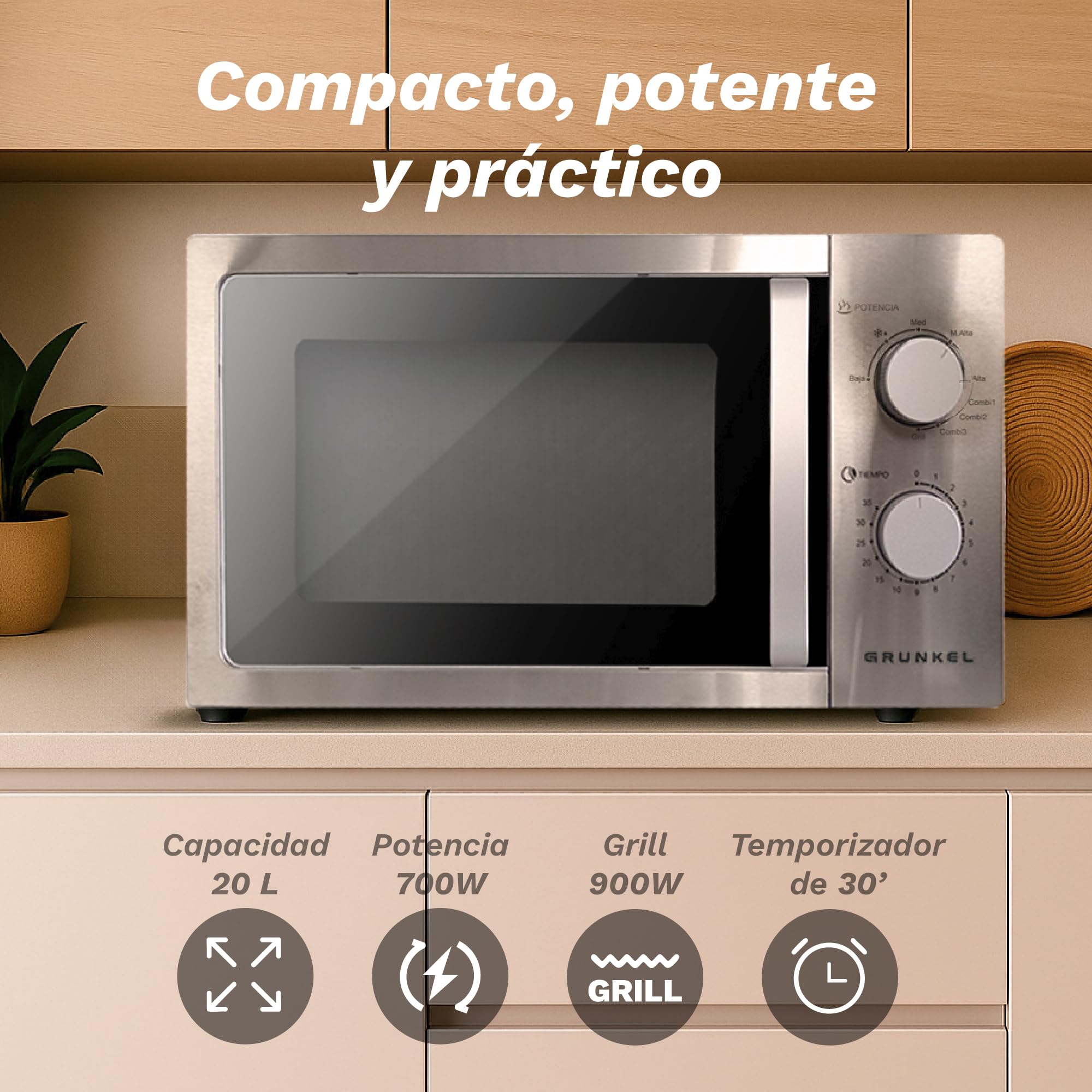 Grunkel - Microondas en color acero inoxidable de 20L y 700W y 5-6 niveles de potencia Sin/Con Grill +900W Función descongelación y temporizador hasta 35 minutos (Con Grill)