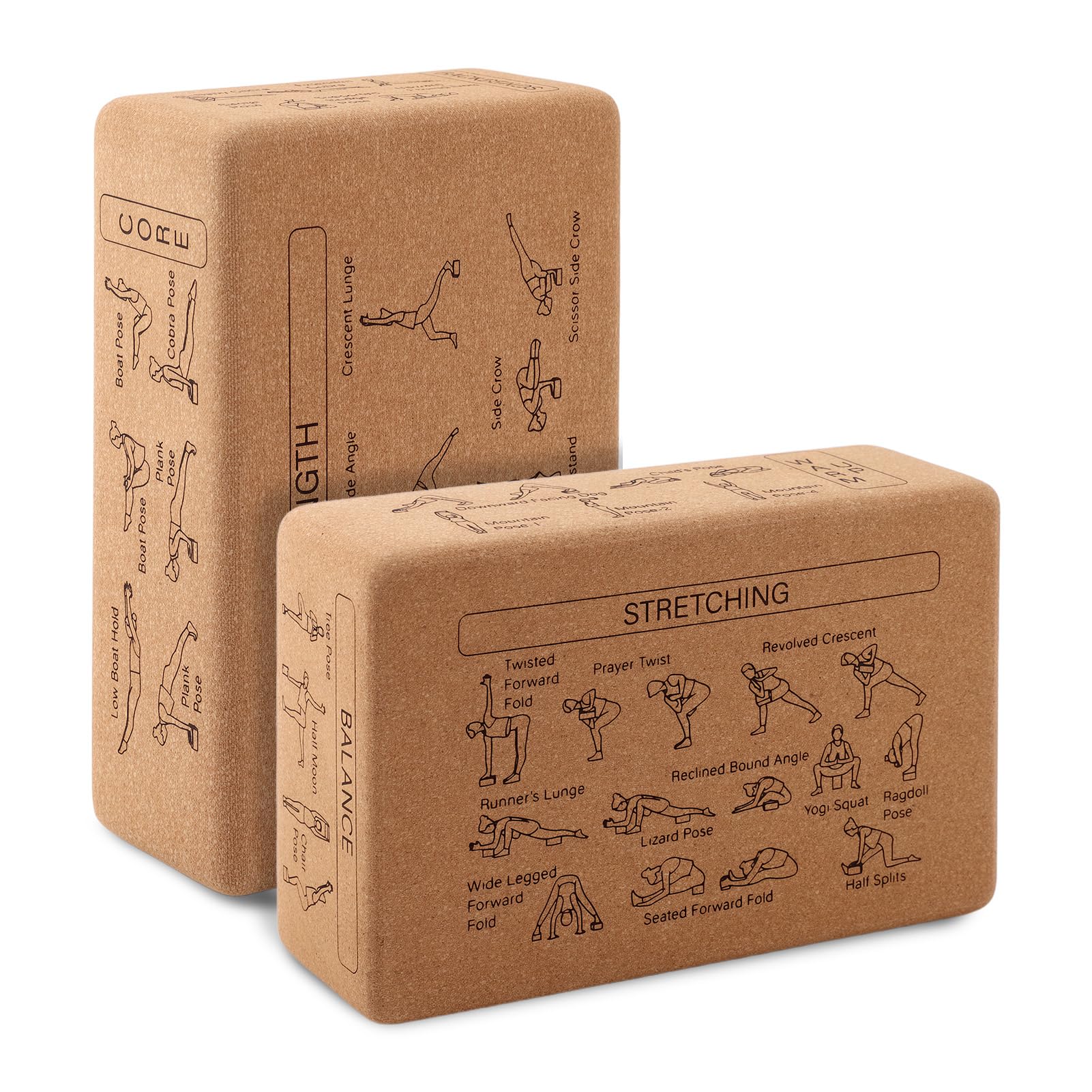 2 Pcs Yoga Block,High Density Natural Cork,Illustrated Guide to Yoga Poses