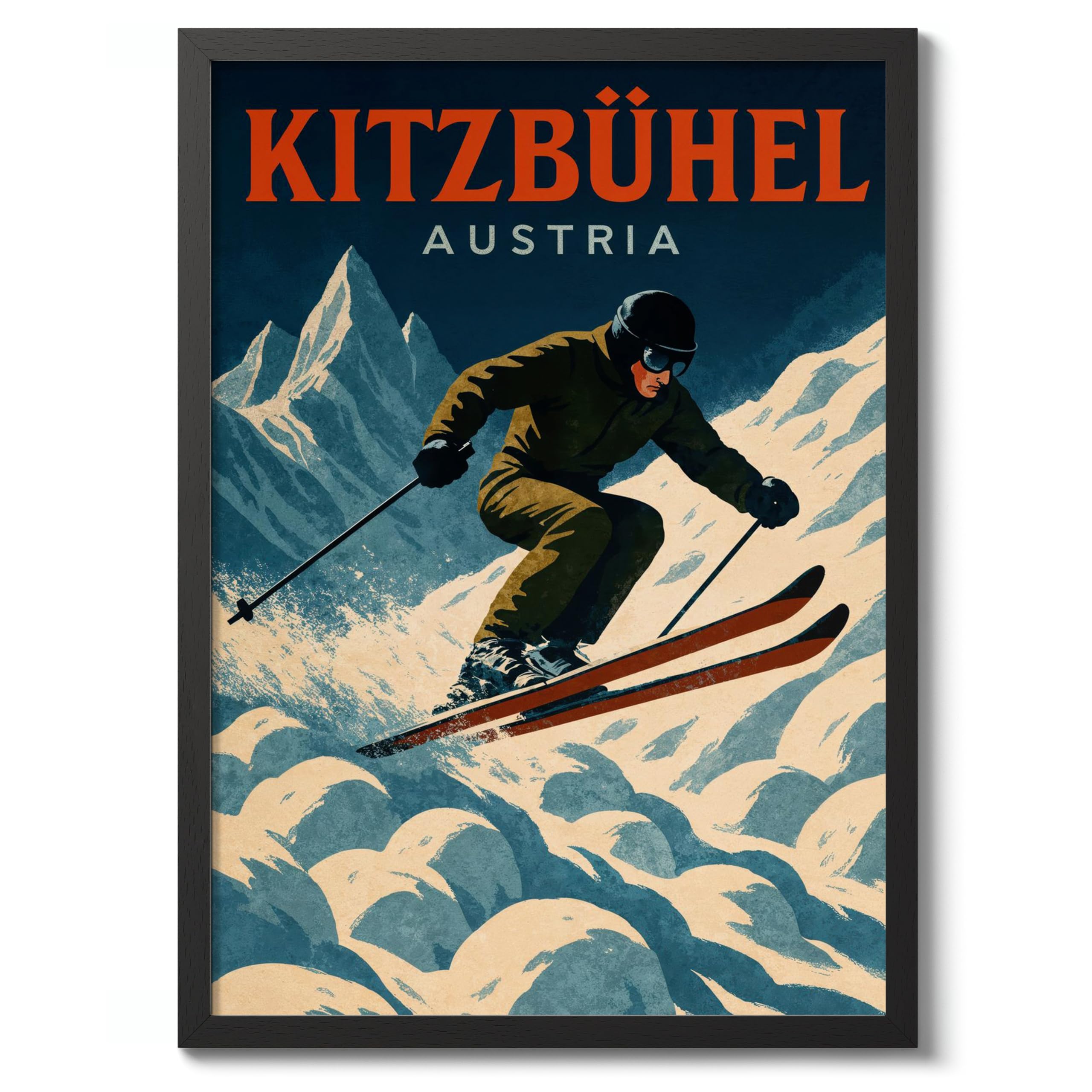 Kitzbuhel - Austria Ski Vintage Skiing Poster, Minimalist Wall Art, Mountain Travel Prints, Snow, Ski Trip Home Decor, A3 (Black Frame) - 45x32.8cm