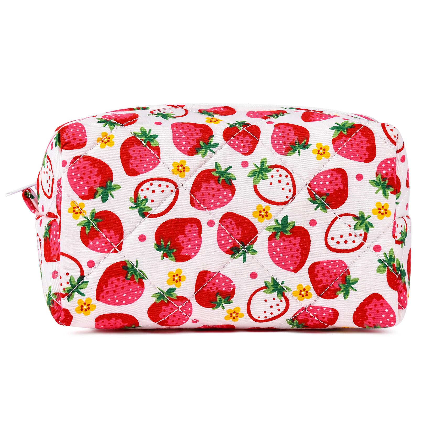 SOIDRAM Pink Makeup Bag Quilted Cosmetic Bag Puffy Coquette Makeup pouch Aesthetic Strawberry Cute Travel Toiletry Bag Organizer cotton Makeup Brushes Storage Bag for Women