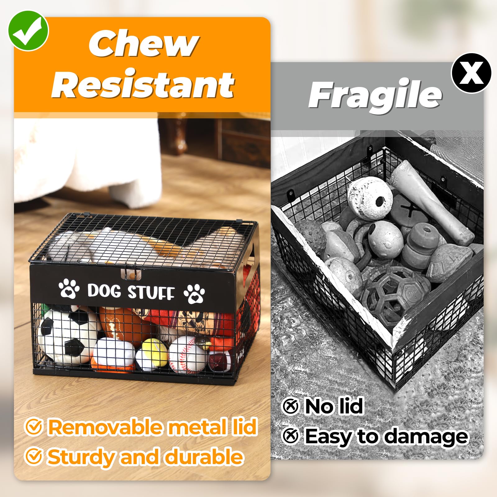 Qmetalart Dog Toy Box, Large Metal Dog Toy Storage Box with Lid, Chew-Resistant Dog Toy Basket, Durable Toys Bin for Small Dogs and Pet, Puppy Toy Holder Boxes for Living Room
