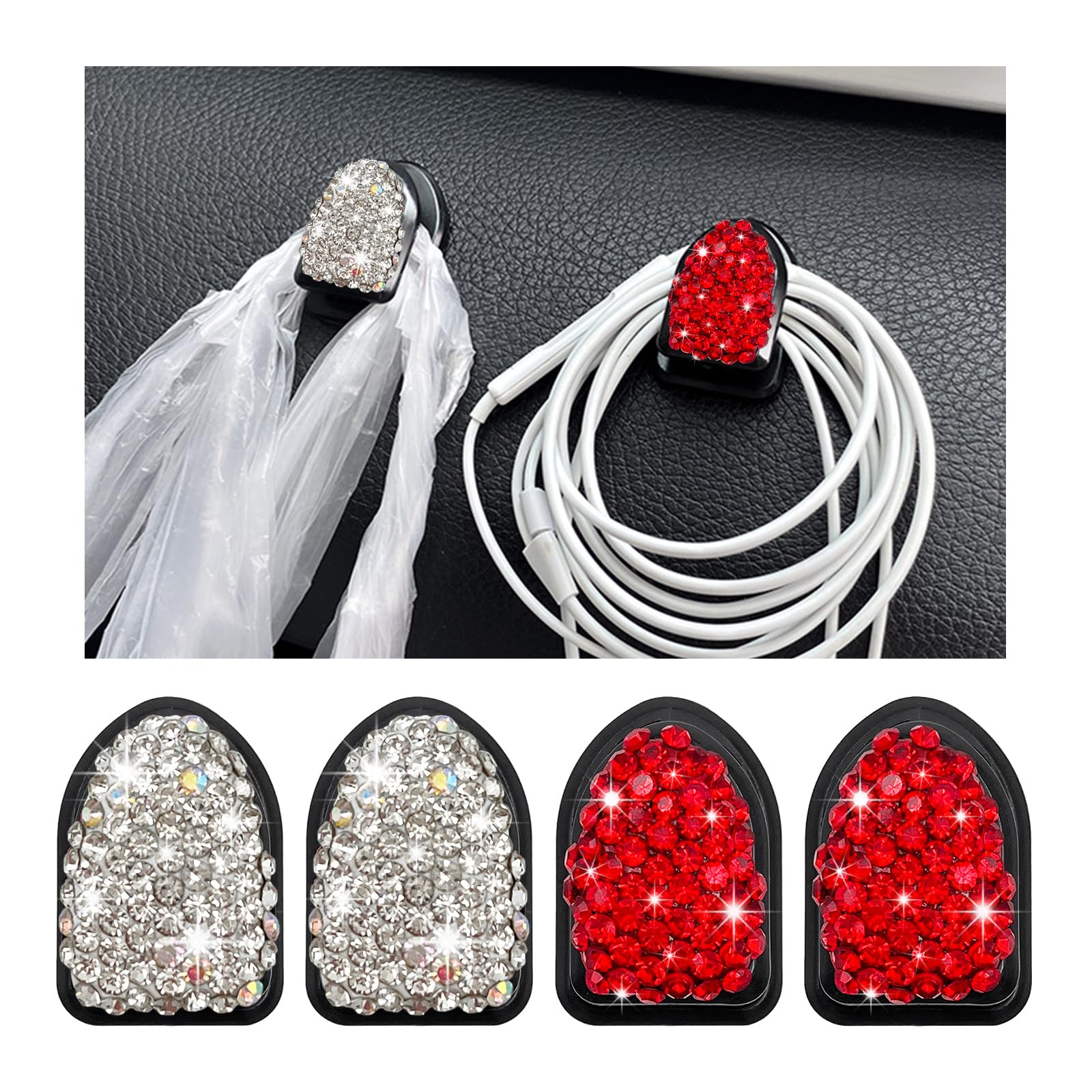 Yourkar 4PCS Bling Car Mini Hooks, Multifunctional Adhesive Small Auto Storage Hook for Key Cable Mask, Crystal Rhinestone Dashboard Hanging Hook, Interior Decor Car Accessories (White+Red)