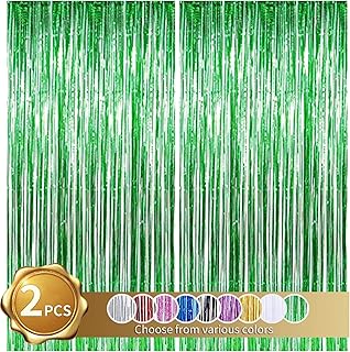 BEISHIDA 2 Pcs Green Door Streamers Tinsel Curtain Party Streamers Backdrop Fringe Foil Wall Background for Birthday Halloween Christmas Wedding Party Decoration(3.28 ft x 6.56 ft)