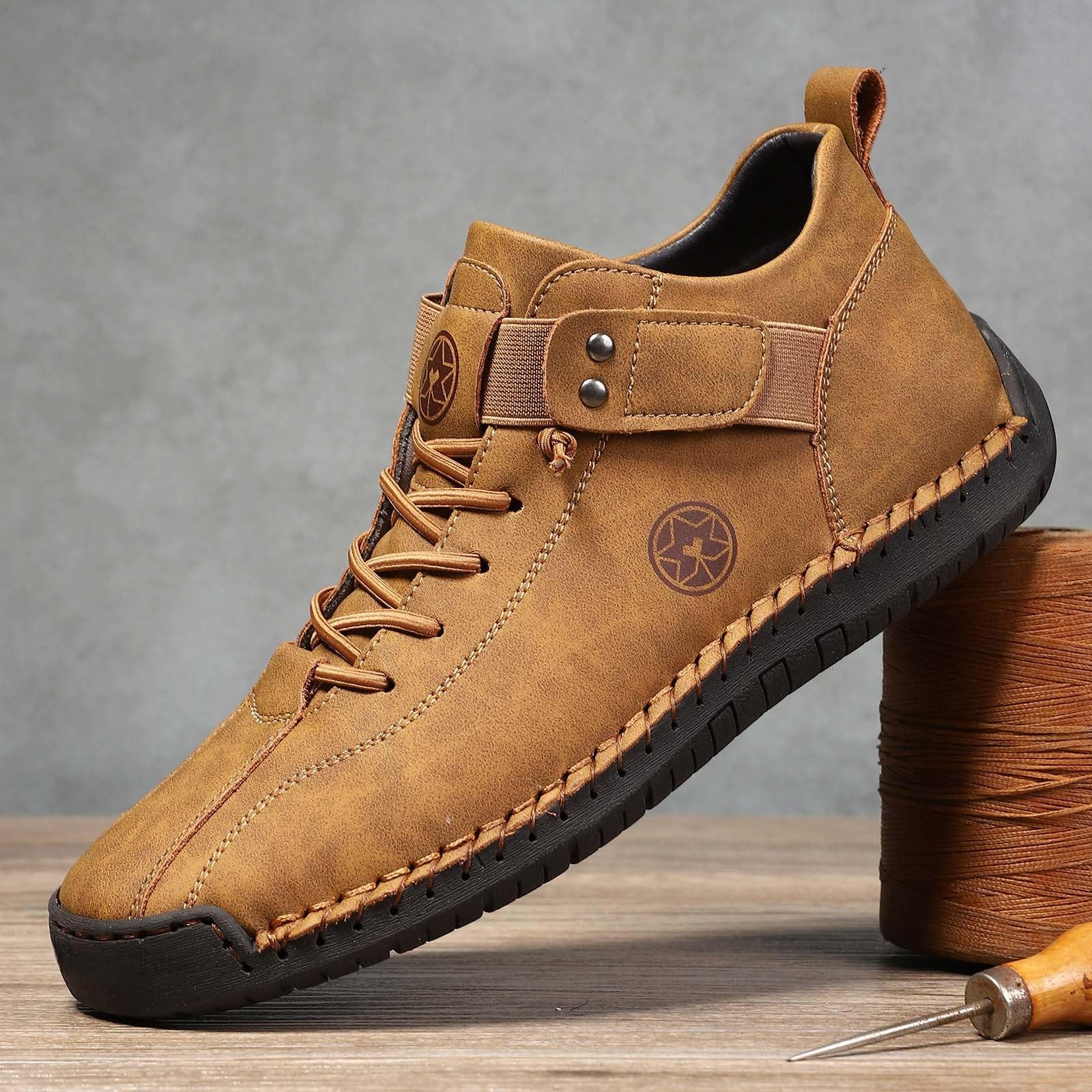 Męskie buty oksfordzkie sznurowane sztuczna skóra płaskie buty do chodzenia w stylu vintage z przeszyciami, Brązowy, 40 EU