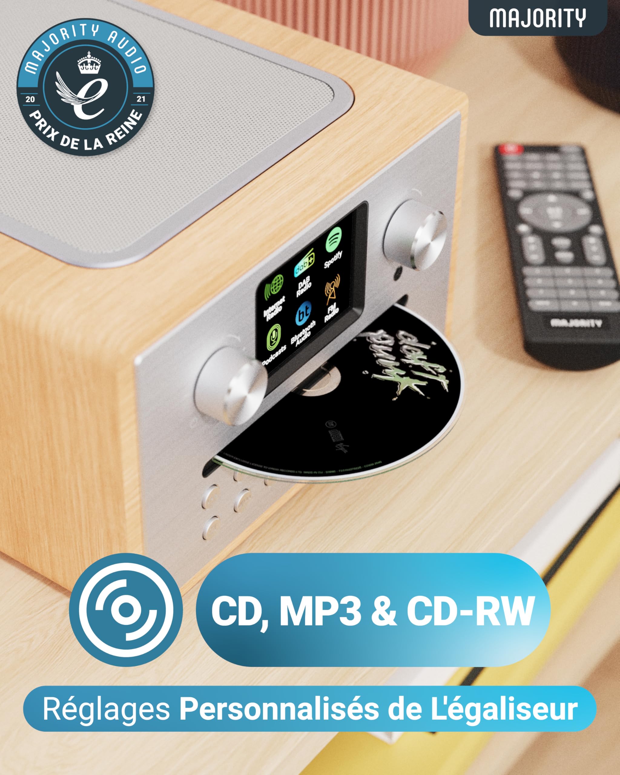 Majority Homerton Radio Dab Plus avec Lecteur CD Bluetooth Poste Radio Internet WiFi Ampli Tuner CD Spotify Connect Écran LED Couleur Télécommande Chêne