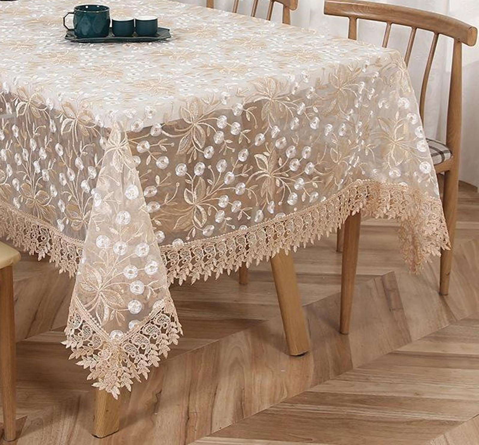 beautiful tissue embroidery floral design table cover for 6 seater rectangle dining table| decorative table cloth for home, wedding & festive décor | 60x90 inches | white angoor