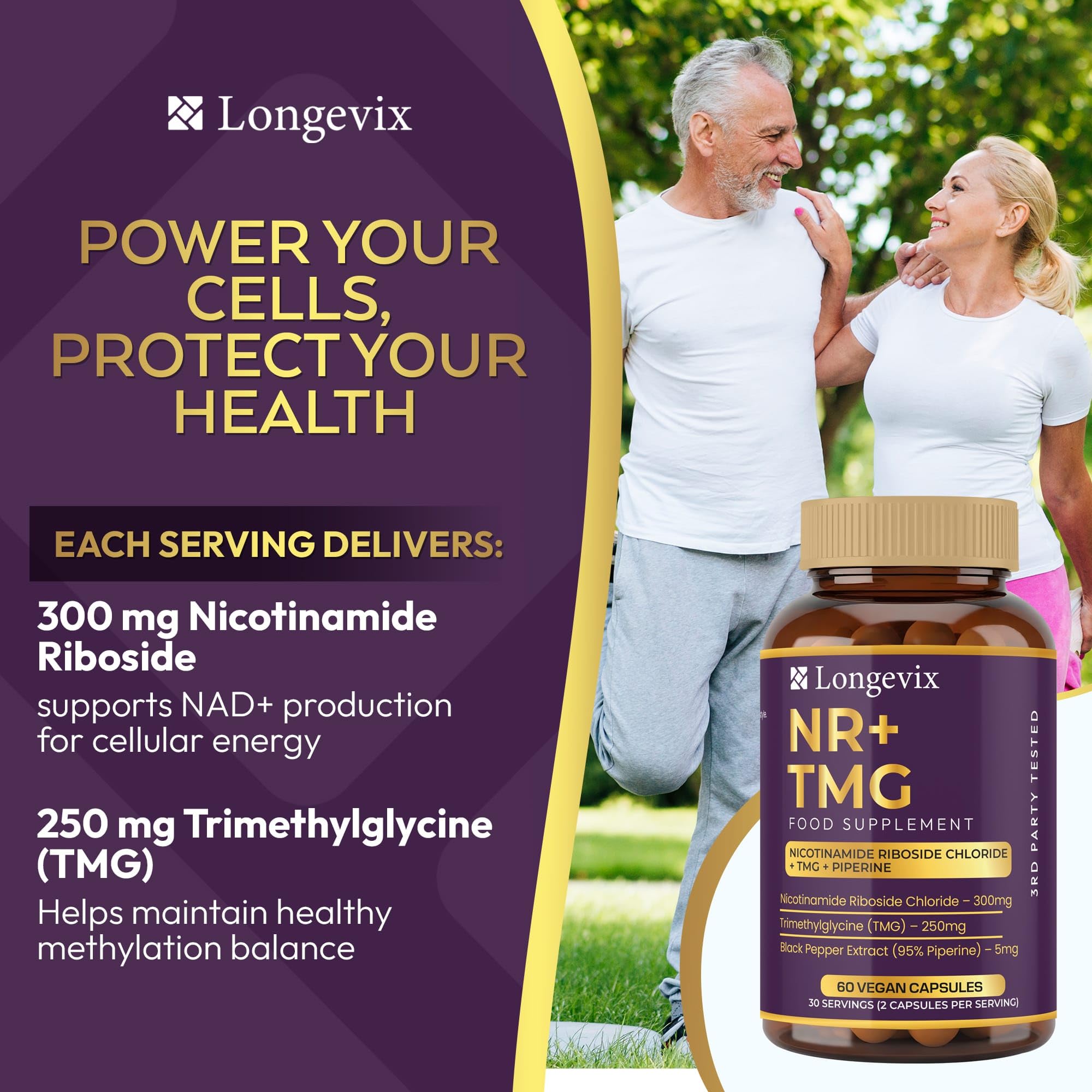 NR+ TMG, NAD+ Capsule | Nicotinamide Riboside 300mg, TMG 250mg | Supporto NAD+ e metilazione | 60 capsule vegane | Booster NAD+ | Formula pulita |