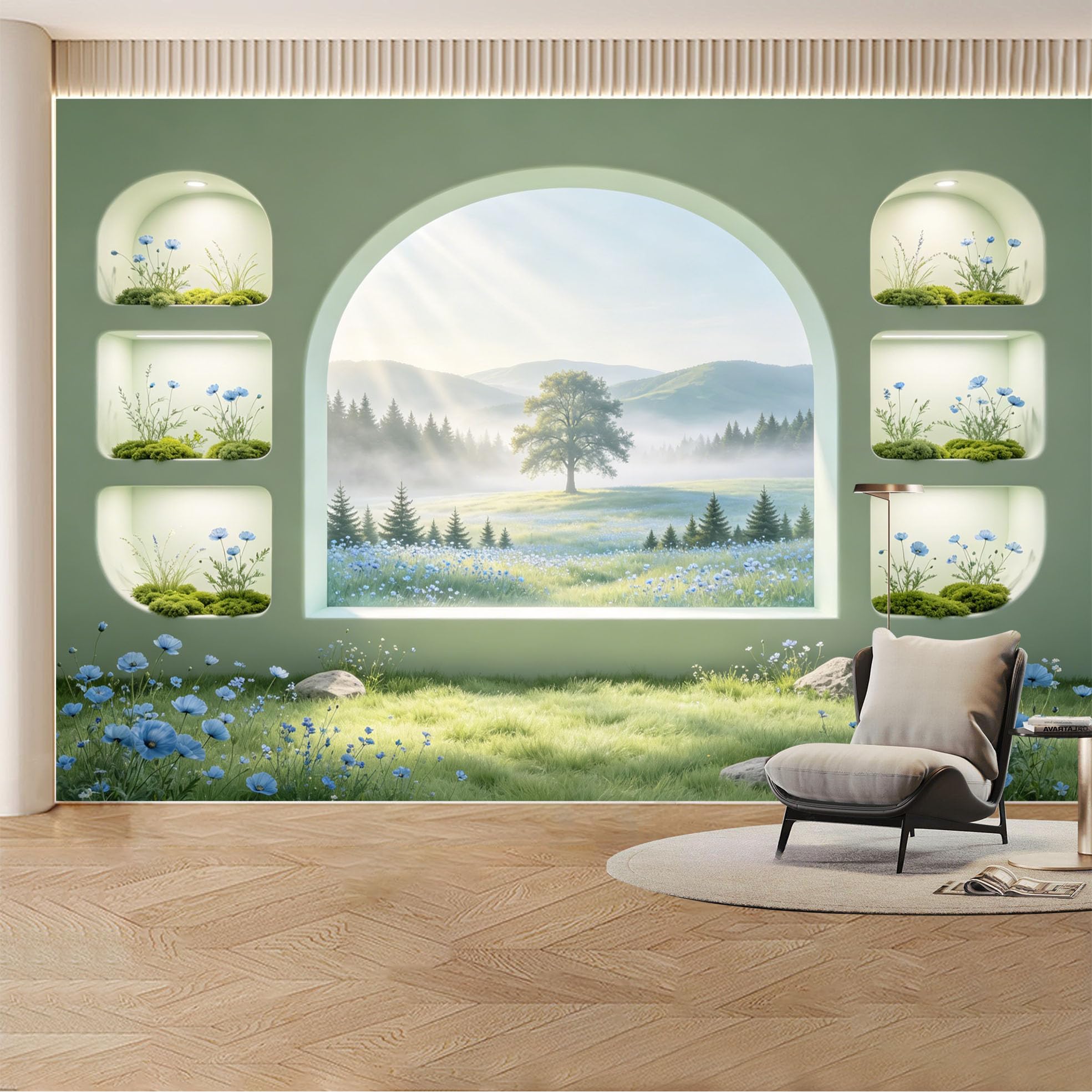 Custom Wall Mural Wallpaper Tree Meadow Landscape Nature Large Wall Art Mural Design Misty Nordic Pastoral Removable SelfAdhesive Large Photo for Living Room， Bedroom， Office