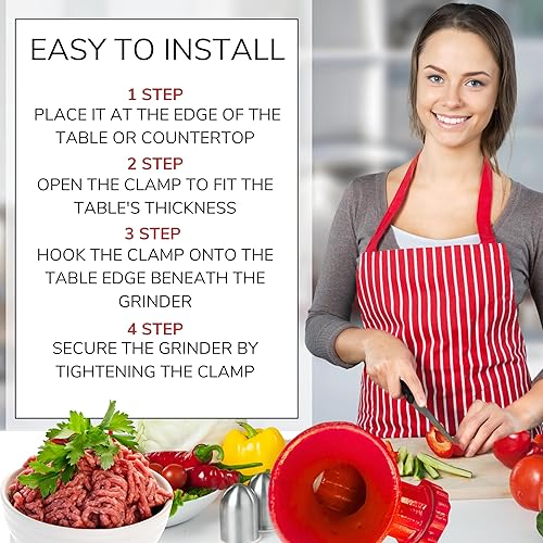 Miniatura 7 de Picadora manual de carne de hierro fundido  Picadora de carne de montaje en mesa roja resistente con cortador de acero endurecido astilla y