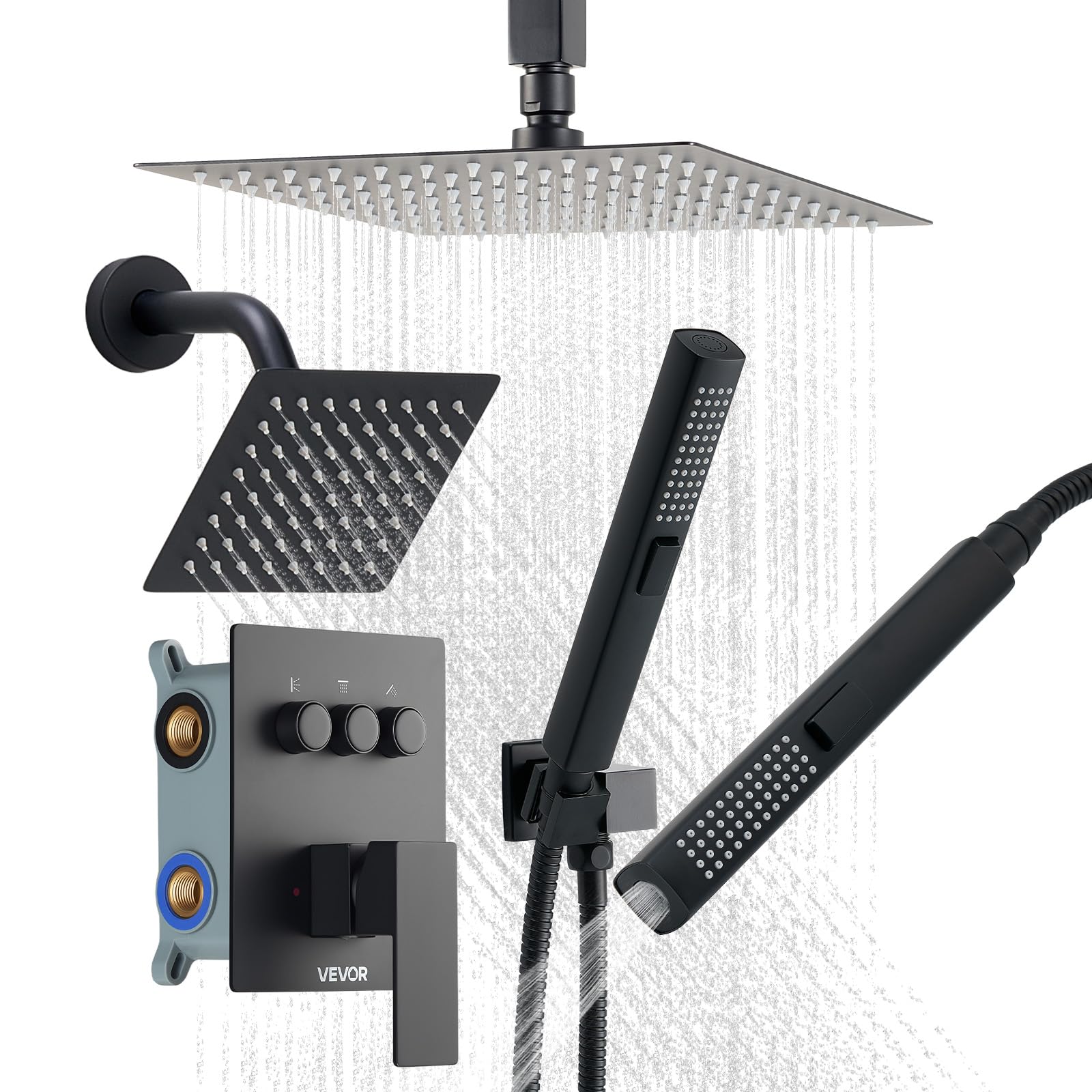 VEVOR Sistema de Ducha, Incluye Ducha de Lluvia de 25,4 cm, Cabezal de Pared de 15,24 cm, Cabezal de Lluvia Doble Giratorio 3 Funciones, Válvula de Latón y Kit de Embellecedor, Color Negro Mate