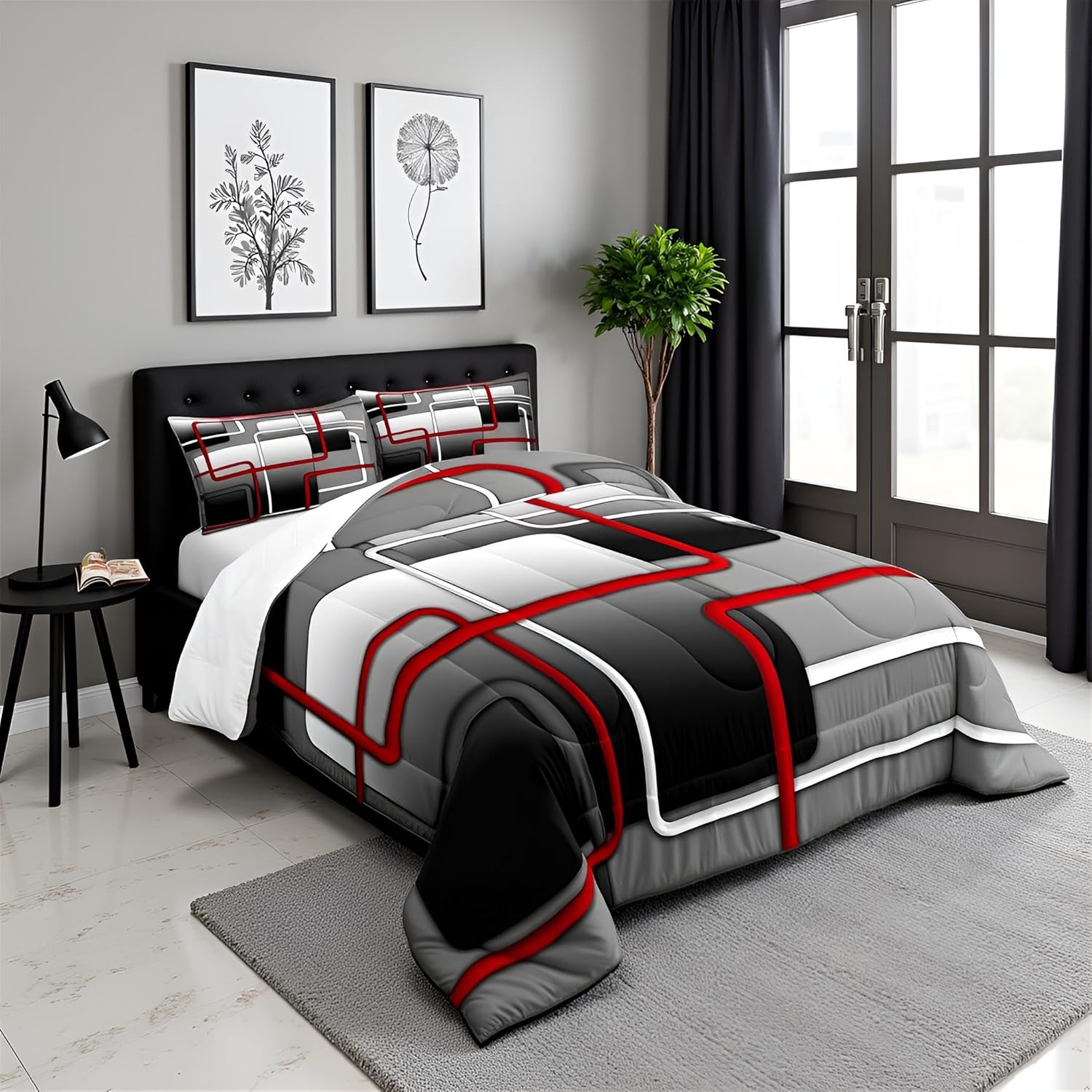 Castle Fairy Red Black White Bedding Set Full Size,Geometric Abstract Comforter Set for Wome Men Adults Home Room 3D Square Lines Quilted Duvet Grey Ombre Modern Duvet Insert 3pcs with 2 Pillowcases