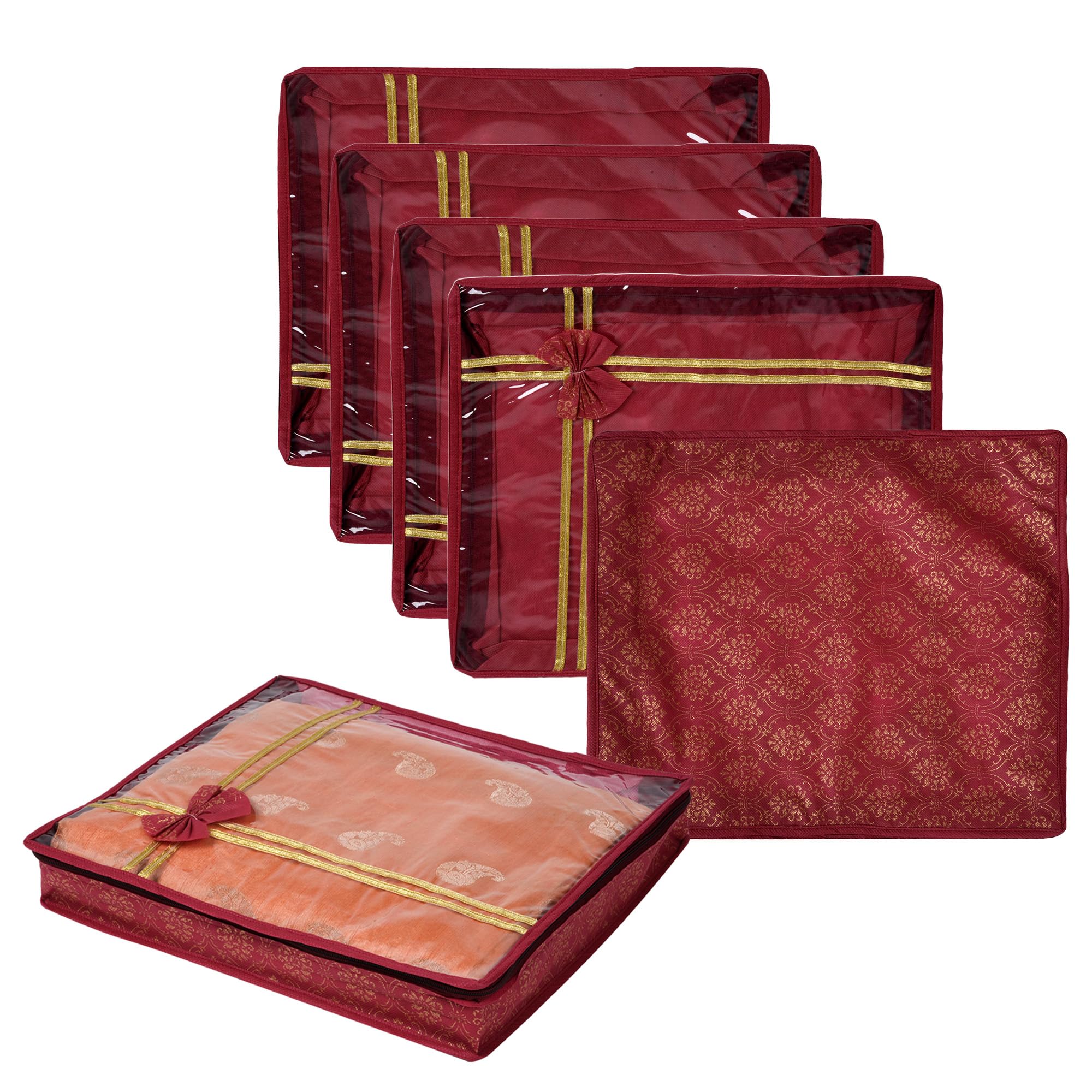 Kuber Industries Saree Storage Bag | Clothes Storage Bag | Wardrobe Storage Bag | Cloth Storage Organizer | Top Visible Window Saree Bag | Bow Golden Printed | 3 Inch | Pack of 6 | Maroon