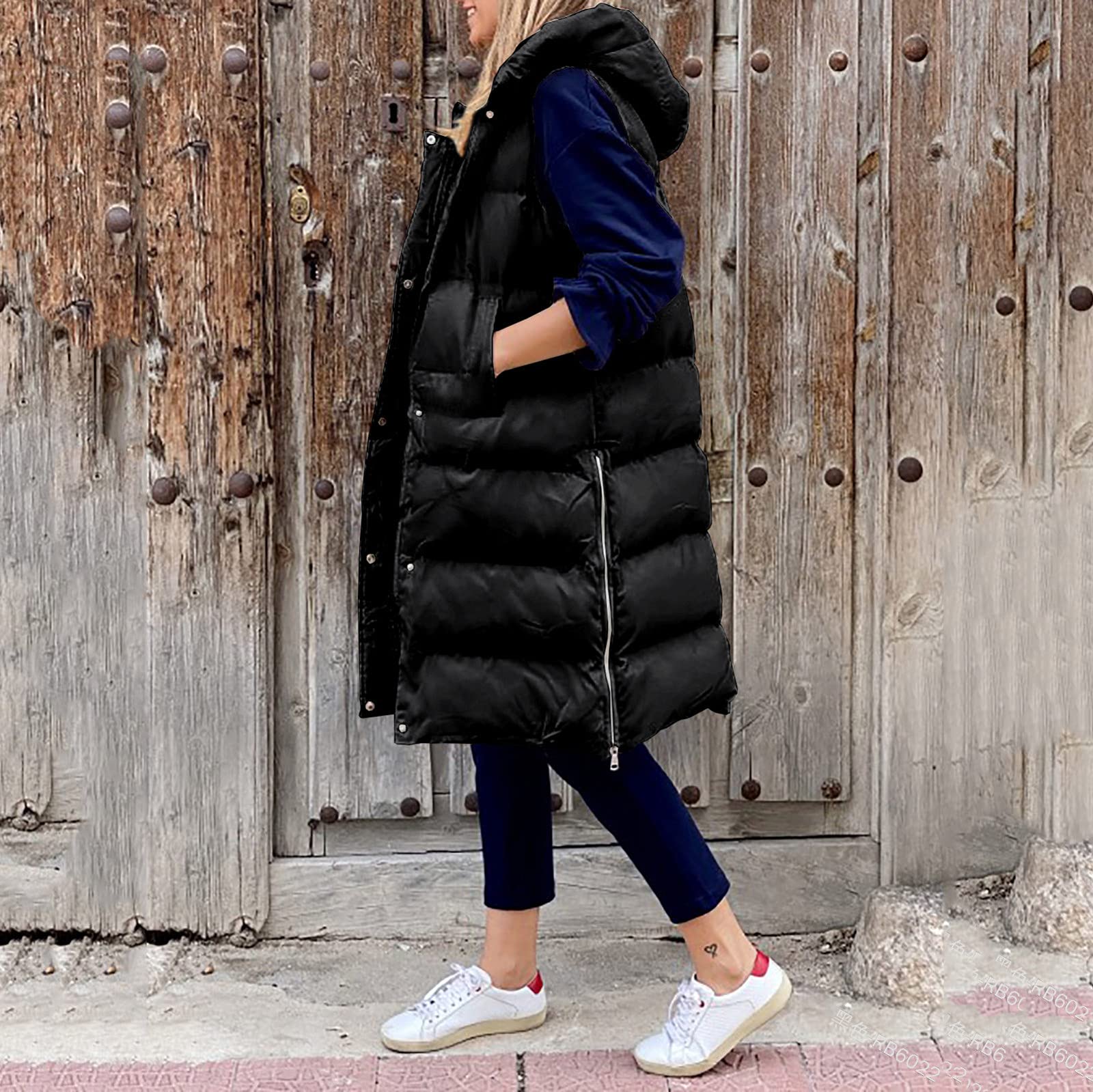 Chaleco de invierno con capucha, sin mangas, con bolsillos, cálido, chaqueta de entretiempo, chaleco acolchado, chaqueta acolchada para exteriores, tallas S - XXL