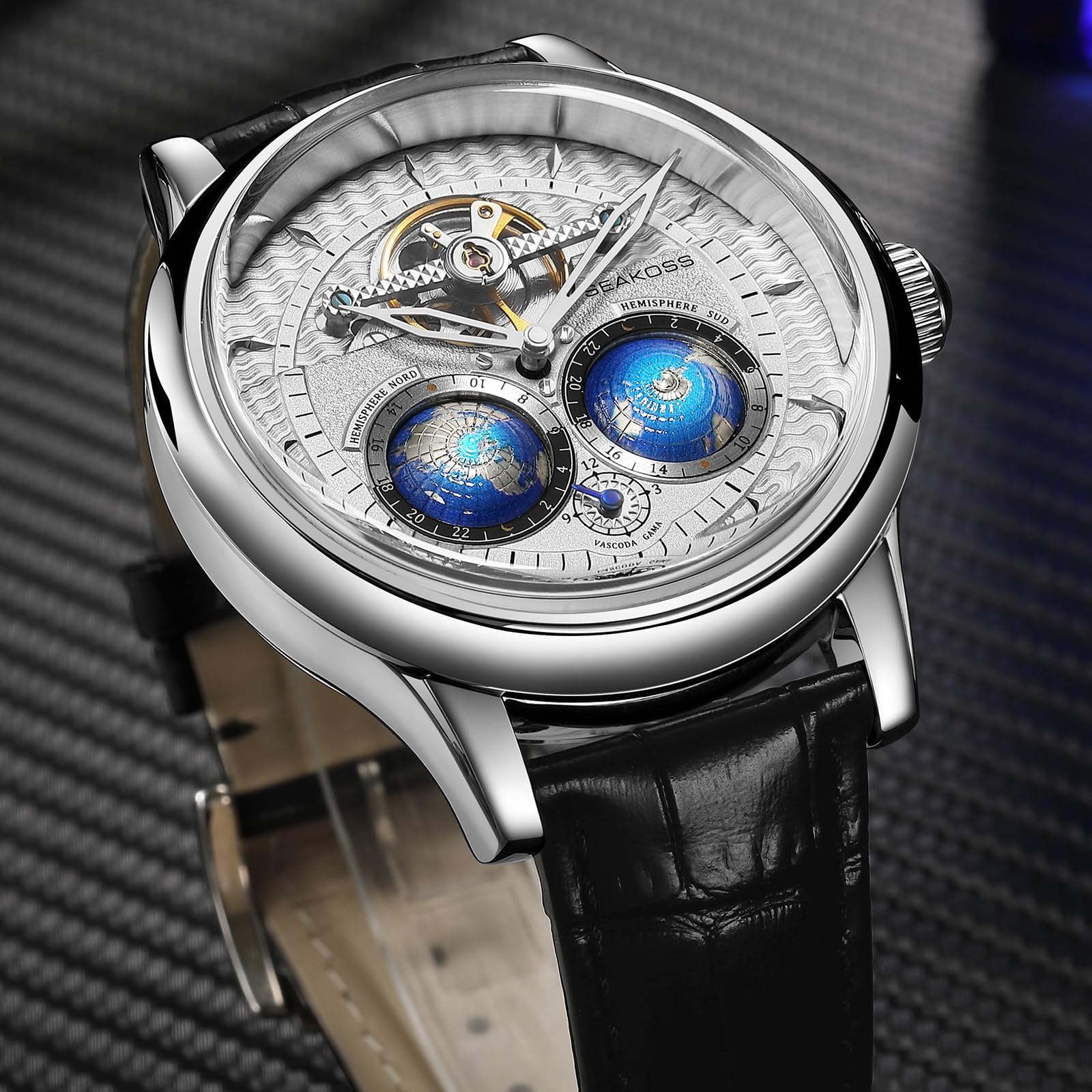 SEAKOSS Luxuriöse automatische mechanische Uhr für Herren, 47 mm Skelett-Armbanduhr mit doppeltem Halbkugel-Zifferblatt, selbstaufziehendes Uhrwerk, echtes Lederband, 5 ATM wasserdicht