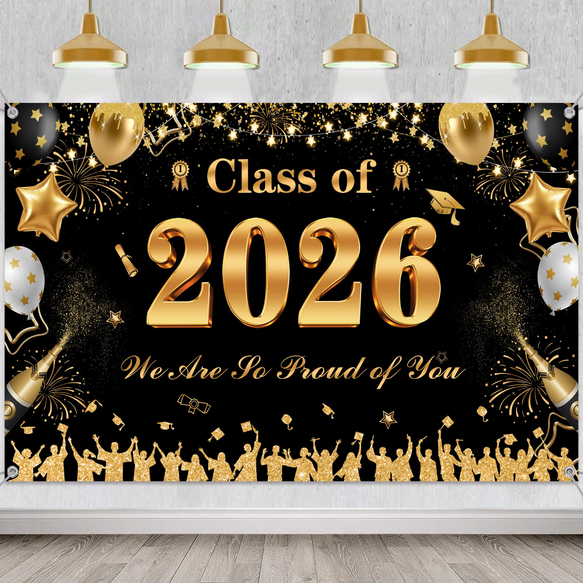 Class of 2026 Backdrop Banner - Large Congrats Grad Graduation Photo Booth Background, Black Gold Decorations for Outdoor Indoor Party High School College