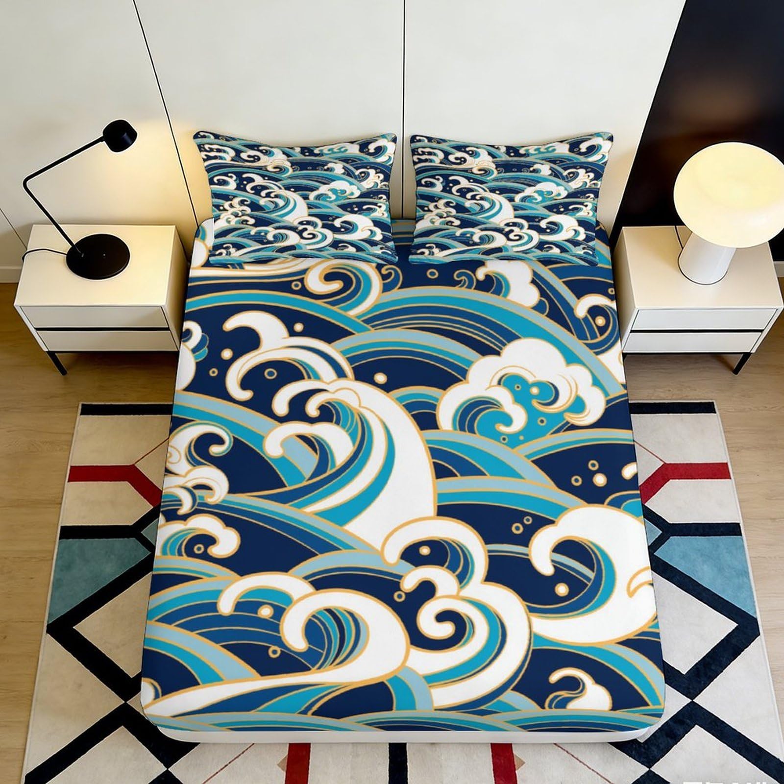 3D Printed Ocean Wave Fitted Sheet Microfiber Soft Breathable Japanese Seascape Mattress Cover for Bedroom Dorm Decor 120x200x25cm