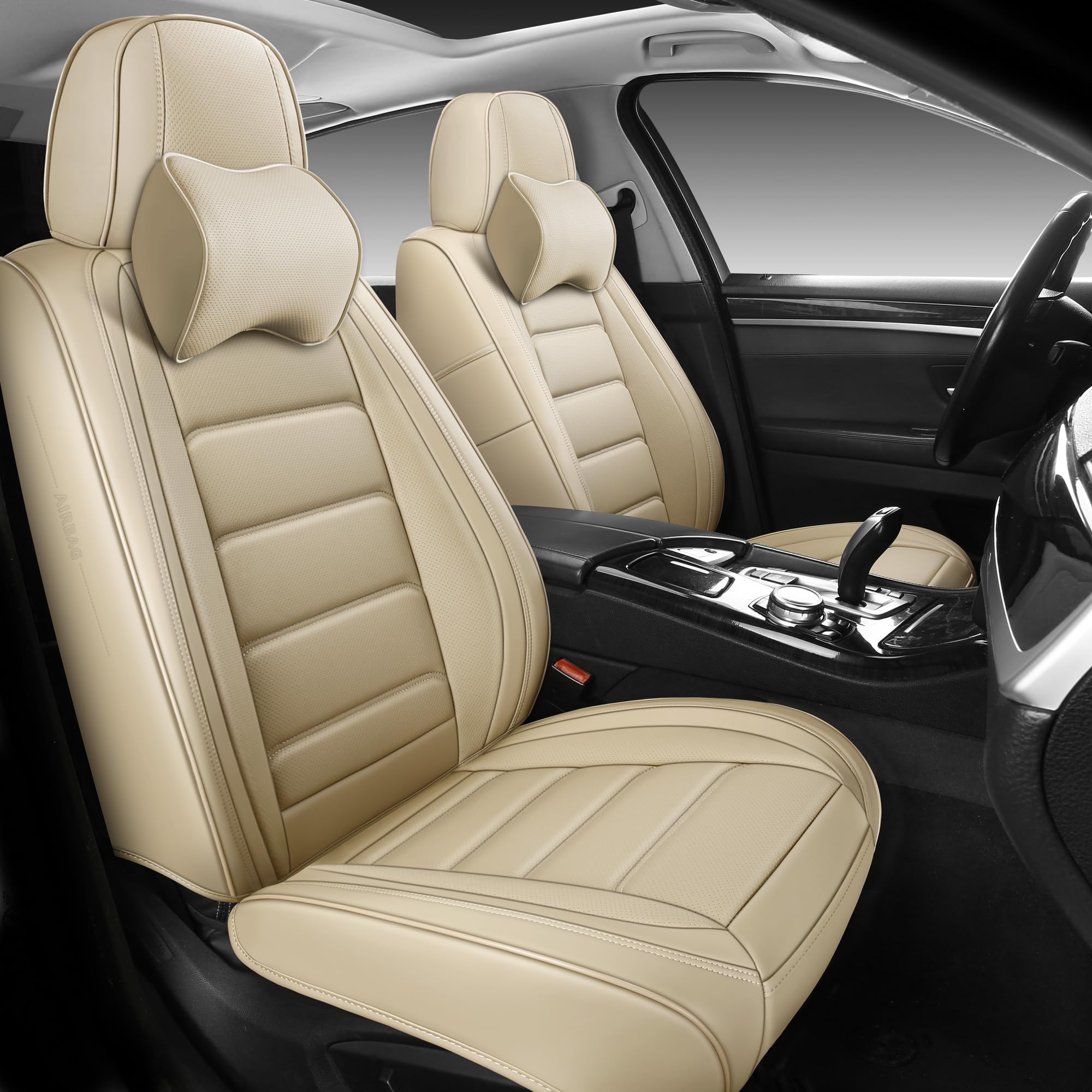 BABYBLU Nappa Leather Car Seat Covers Front Seats Only, with Headrest Pillow, Universal Automotive Seats Protector Fit for 2 Seats, for Most Vehicles SUV Pick-up Truck-Full Coverage(Beige-2pcs)