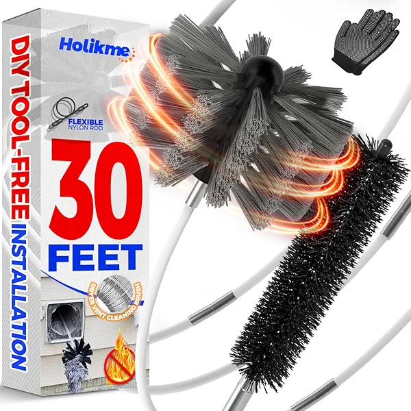 Holikme 30 Feet Dryer Vent Cleaner Kit,Flexible Lint Brush with Drill Attachment, Extends Up to 30 Feet for Easy Cleaning, Synthetic Brush Head, Use with or Without a Power Drill, Grey