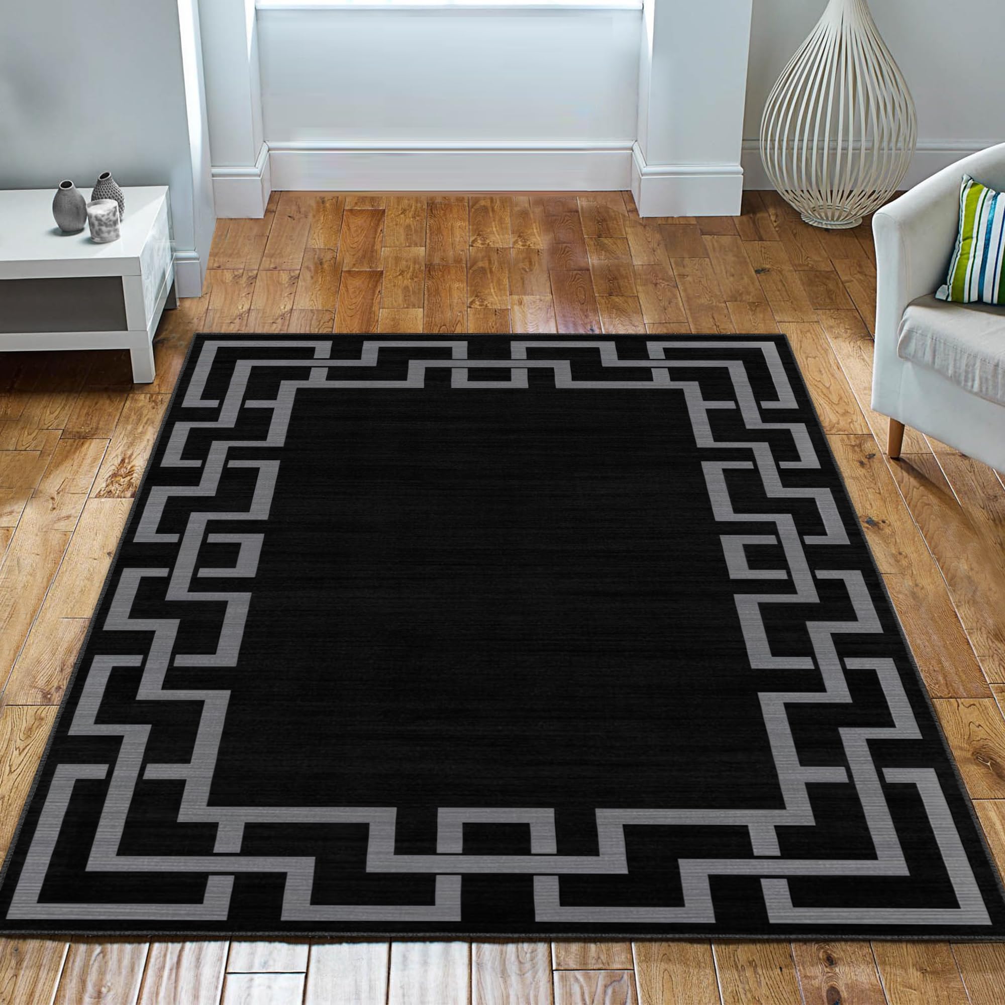 Imperial Rooms Rugs Living Room 120 x 170 Cm - Large Area Rugs for Bedroom Greek Key Style Modern Floor Carpet Non Shedding Super Soft Nico Black Rug Easy to Clean
