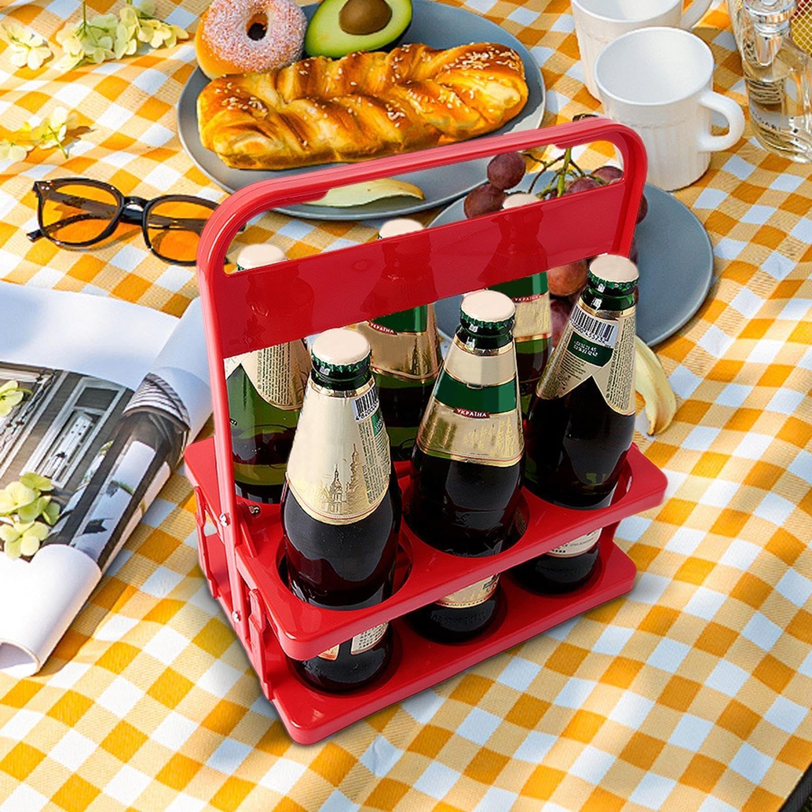 Tragbarer Getränkeflaschenhalter, zusammenklappbar, PP-Gestell mit Griff, 6 Schlitze, für Wein- und Bieraufbewahrung, ideal zum Grillen und Partys, 3er-Set Getränkehalter