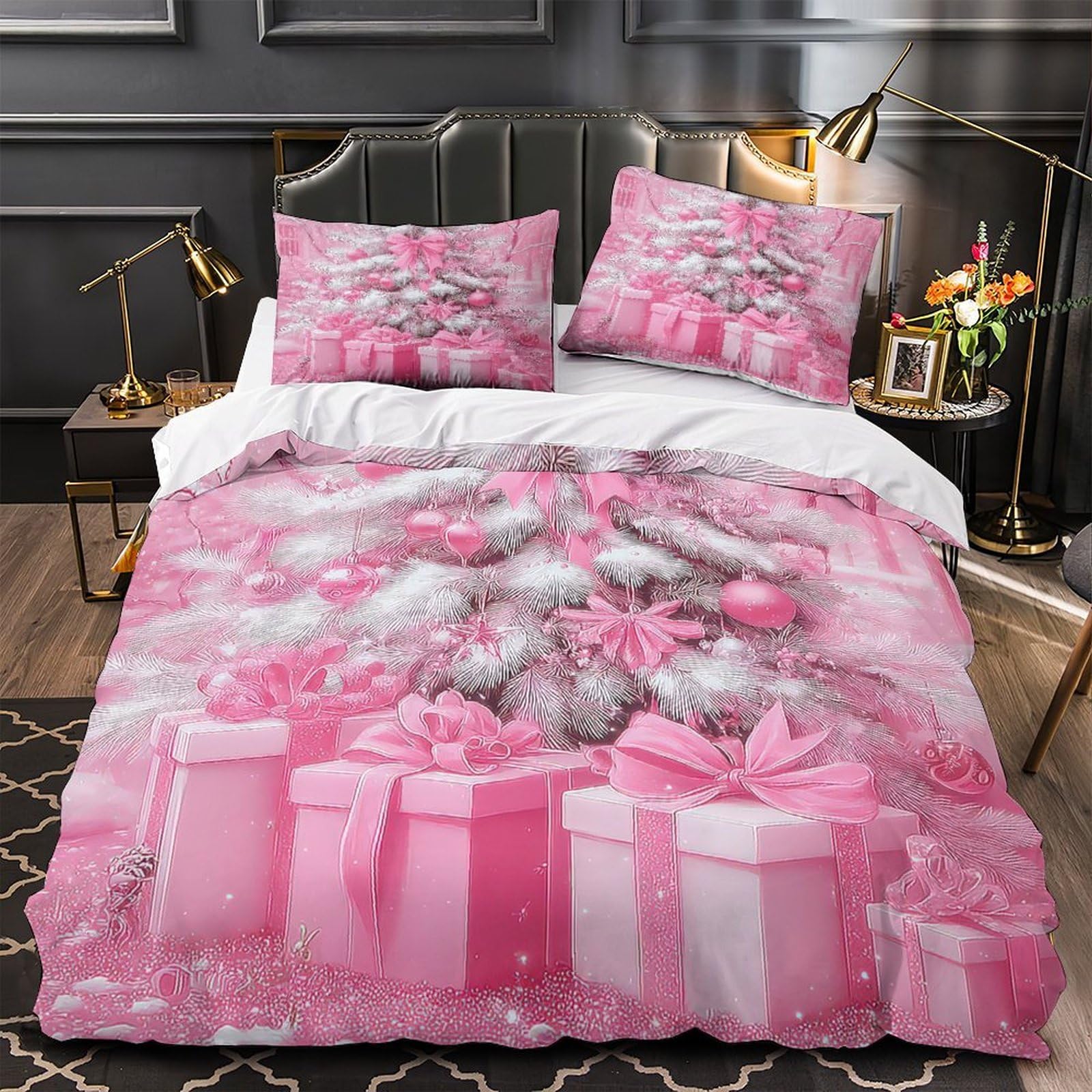 Housse de couette sapin de Noël rose en impression 3D parure de lit résistante et douce