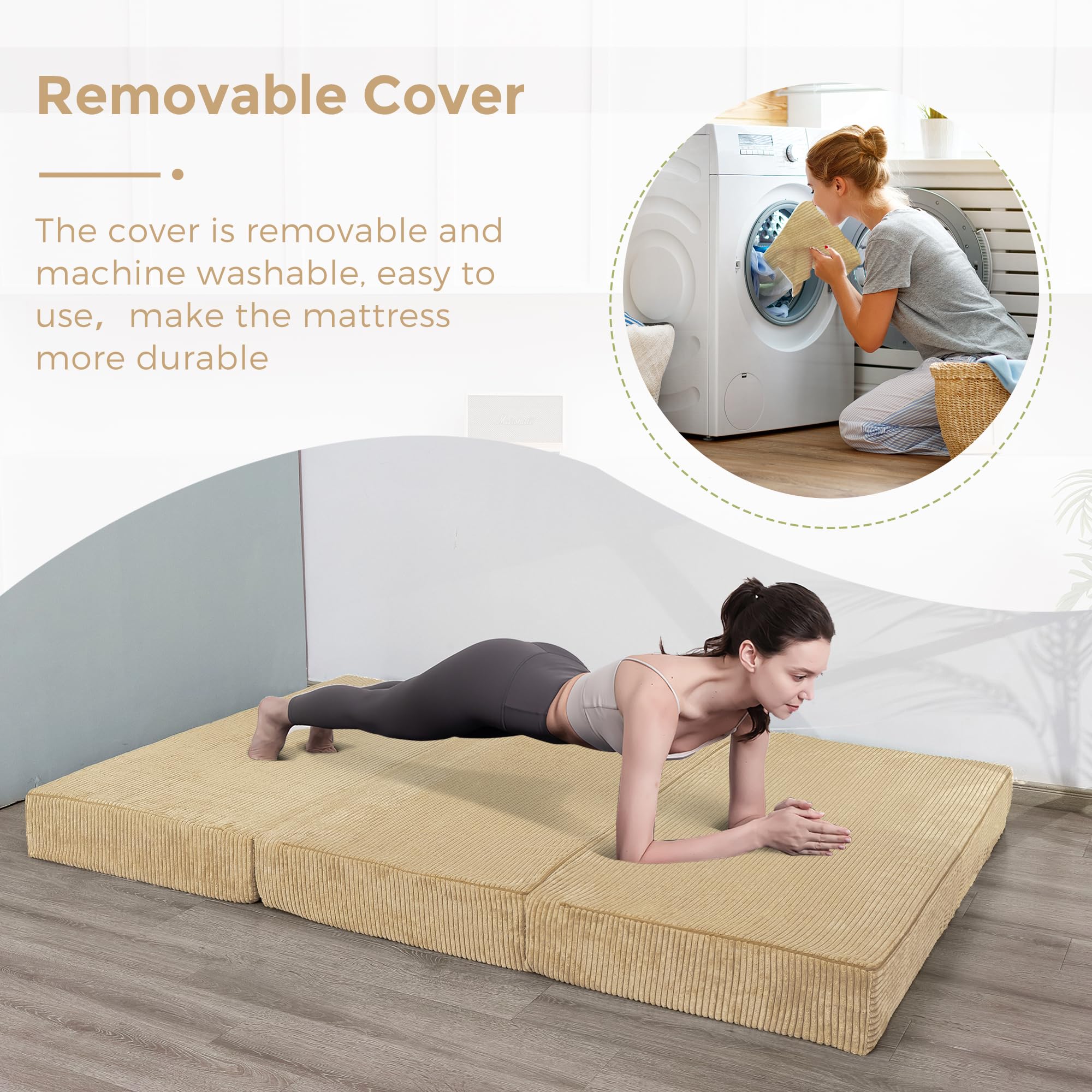 MAXYOYO Opvouwbare corduroy matras, drievoudig gevouwen vloermatras, dik, met wasbare overtrek, ruimtebesparend voor gasten (antraciet, eenpersoonsbed - 15 cm