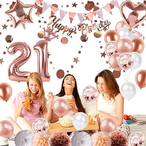 Miniatura 5 de Decoraciones de fiesta de cumpleaños 21 para ella globos de confeti de oro rosa con globos de feliz cumpleaños 21 guirnalda de puntos circulares con
