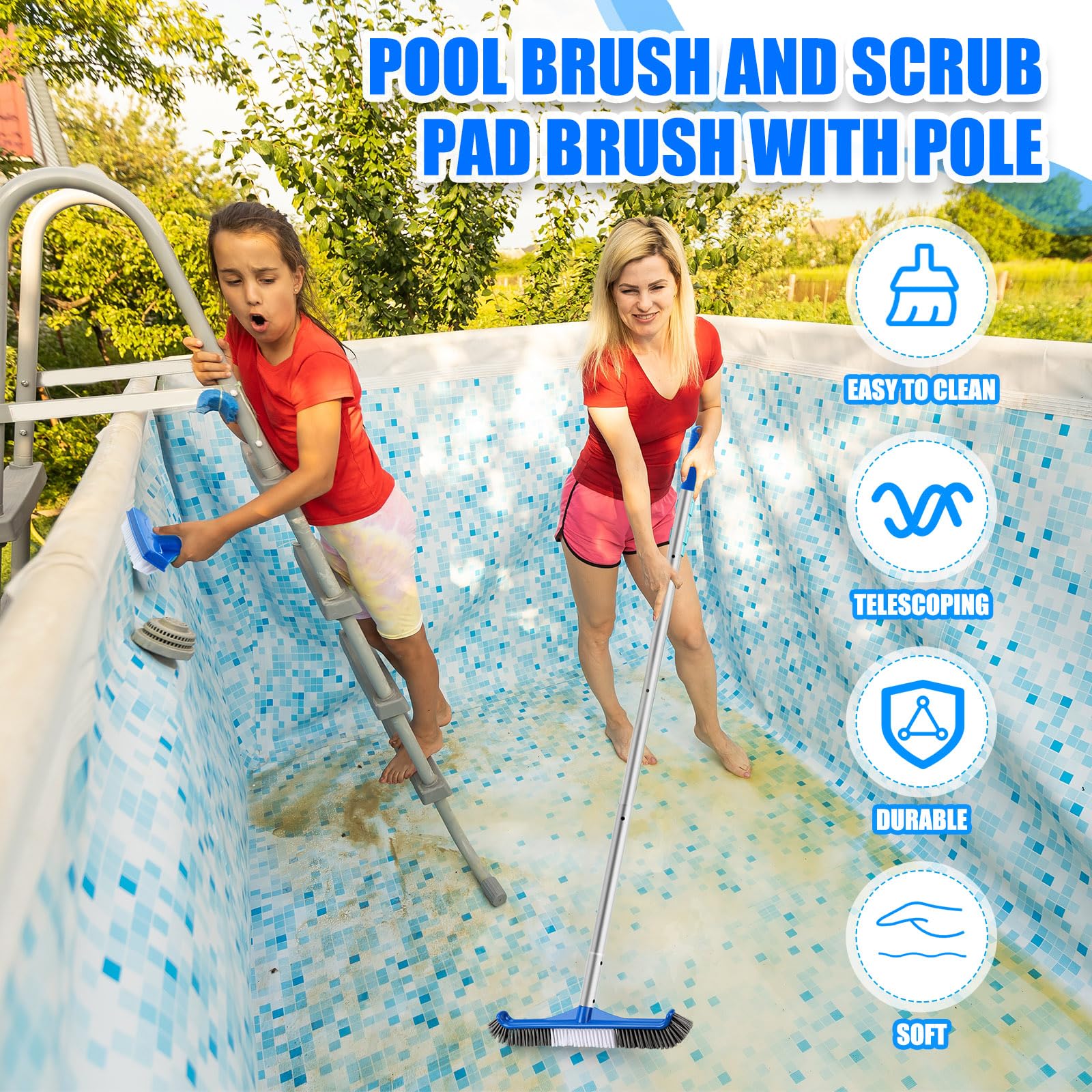 Tioncy 4-teiliges Poolbürsten-Set mit 119,4 cm langer Stange, verstellbarer 44,5 cm Pool-Bürstenkopf, Handscheuerbürste und Scheuerschwamm-Pads mit Aluminiumstange für Spa, Whirlpool, Badezimmer