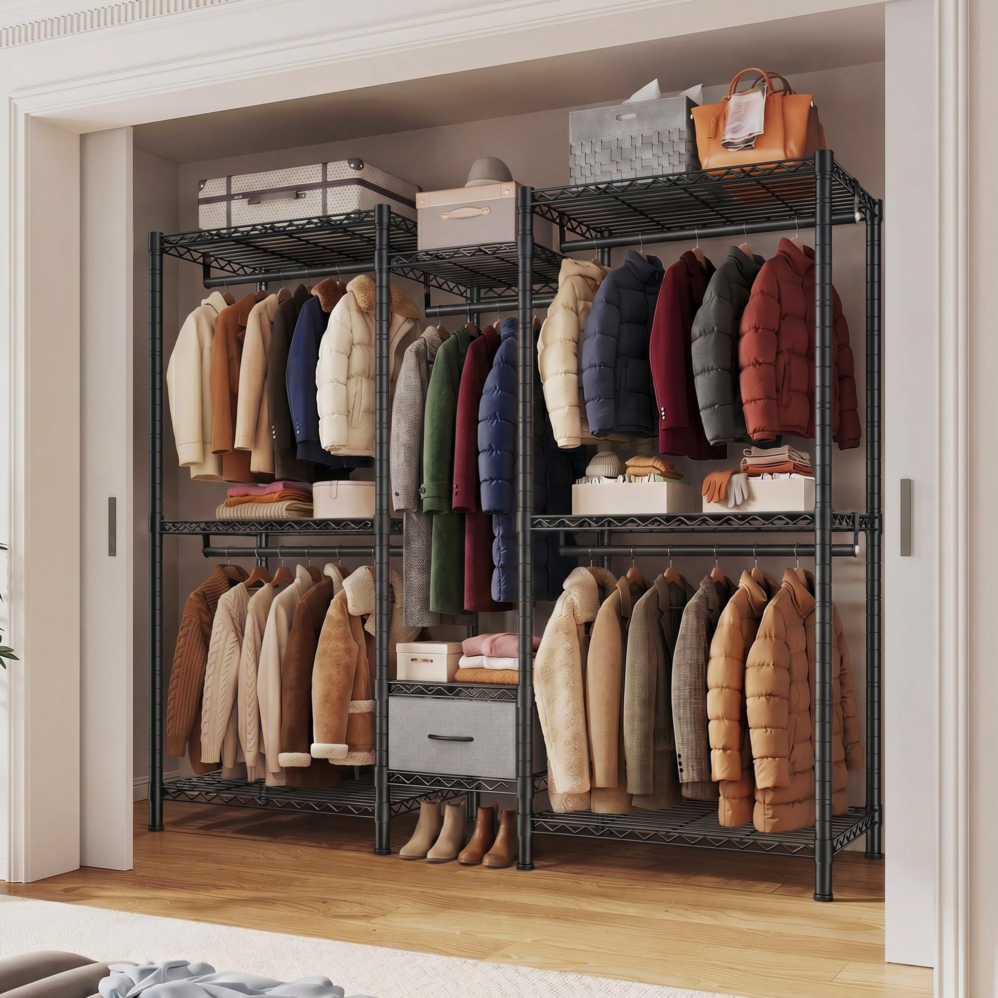 Burro ropa resistente, Armarios dormitorio metálico con 8 estantes regulables en altura, 5 barras para ropa y 1 cajón, 550 KG de carga, Perchero burro ropa, 189x45x194,5 cm, Negro