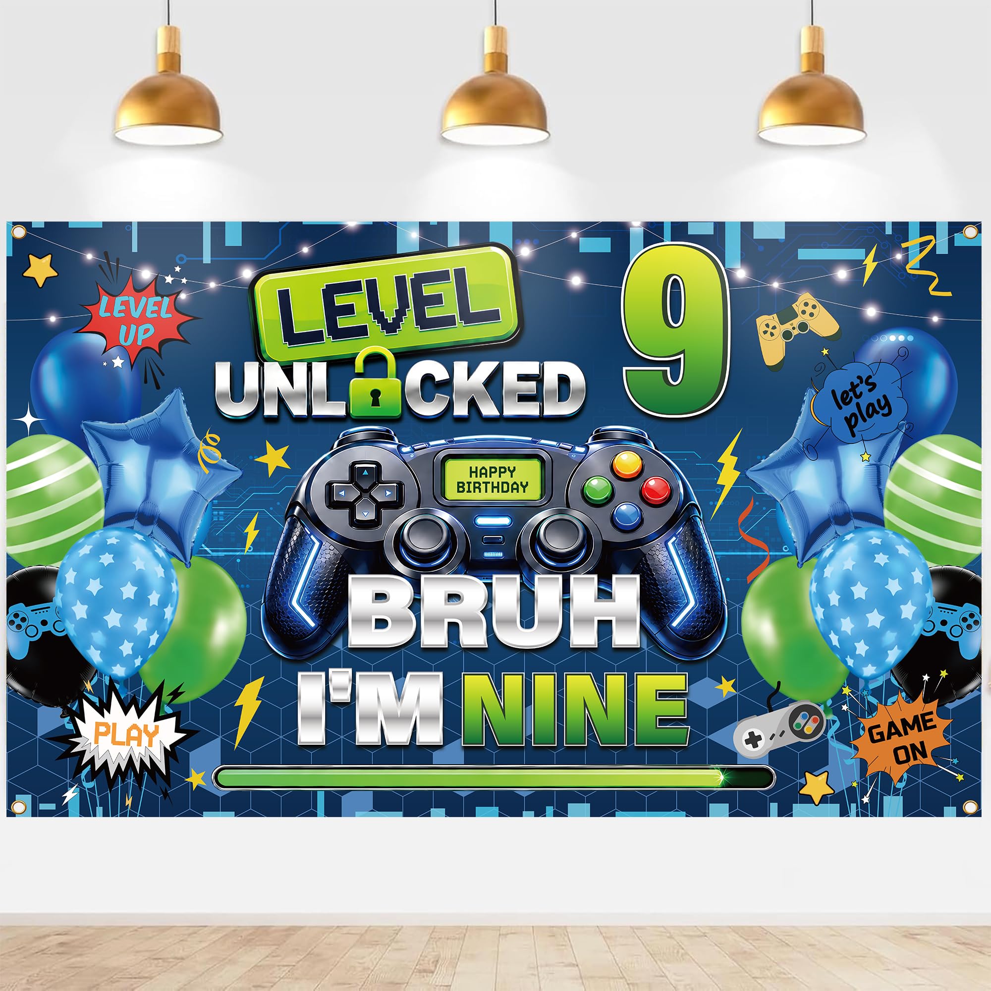 Gaming 9th Birthday Decorations Banner - 180 x 110 cm Blue Backdrop Boys — image 1