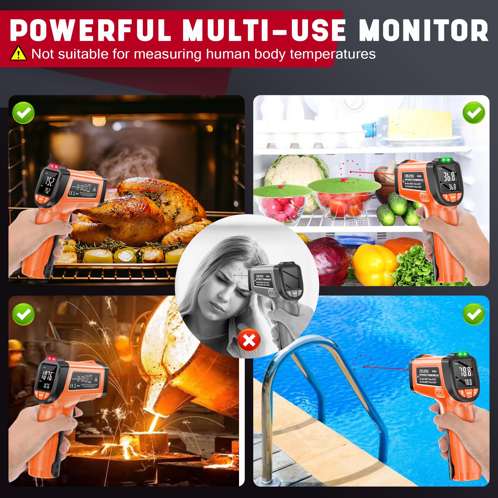 Infrared Thermometer Gun, Non-Contact Digital Laser Temperature Gun, -58°F to 1076°F, Adjustable Emissivity and Max/Min Values for Industrial, Cooking, Griddle,Engine, HVAC (Not for Human) — Amazon image 9