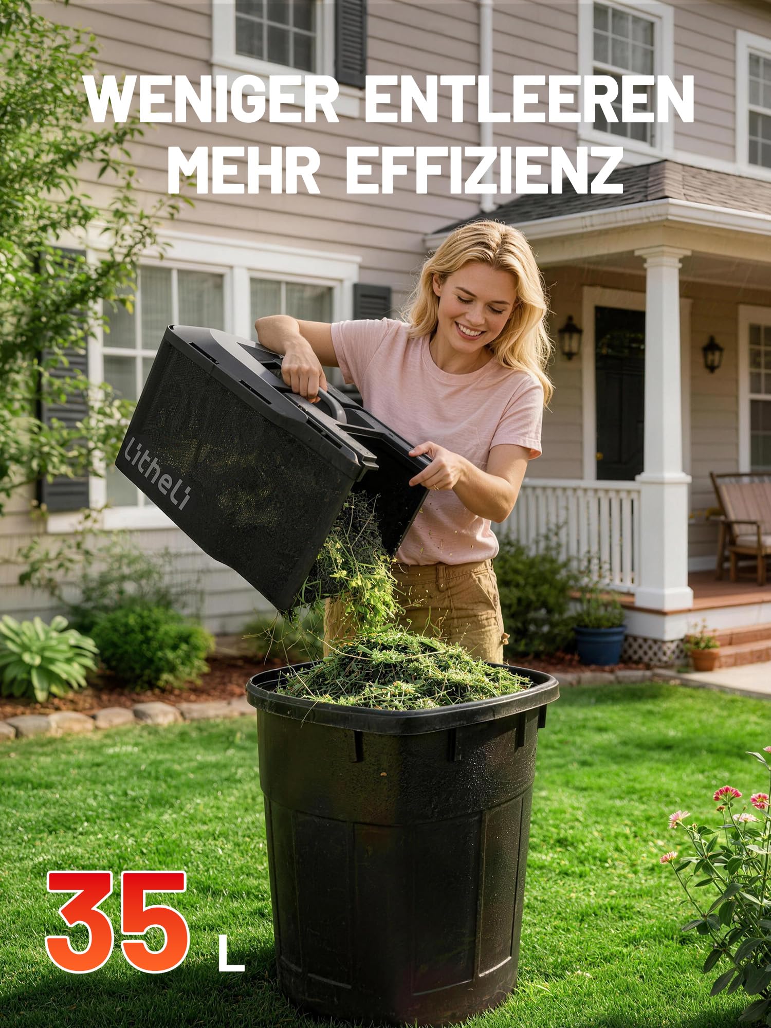 Litheli Akku Rasenmäher 5,0Ah, 20V/33cm Schnittbreite, bis 300 m², 35L Fangkorb, 25-65 mm Schnitthöhe, inkl. 5,0 Ah Akku