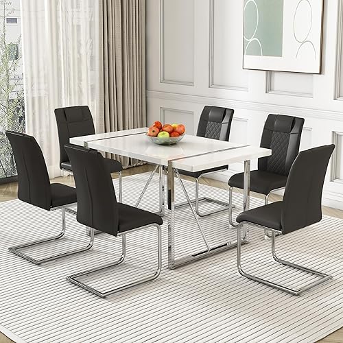 Miniatura 9 de Juego de 4 sillas de mesa de comedor rectangulares modernas, de piel sintética, tapizadas de piel sintética, juego de mesa de comedor de 55 pulgadas