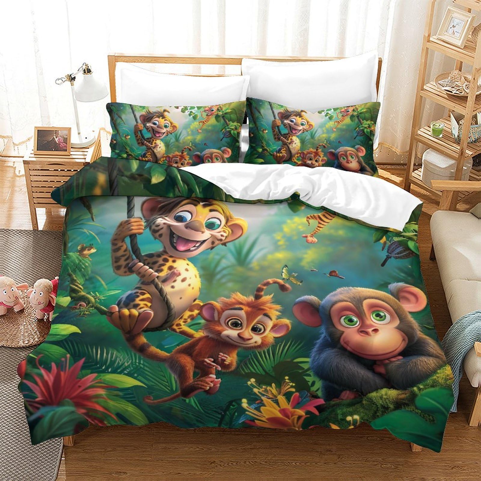 Housses de couettes animaux de la jungle 3D lit double 200x200cm parure microfibre anti-plis