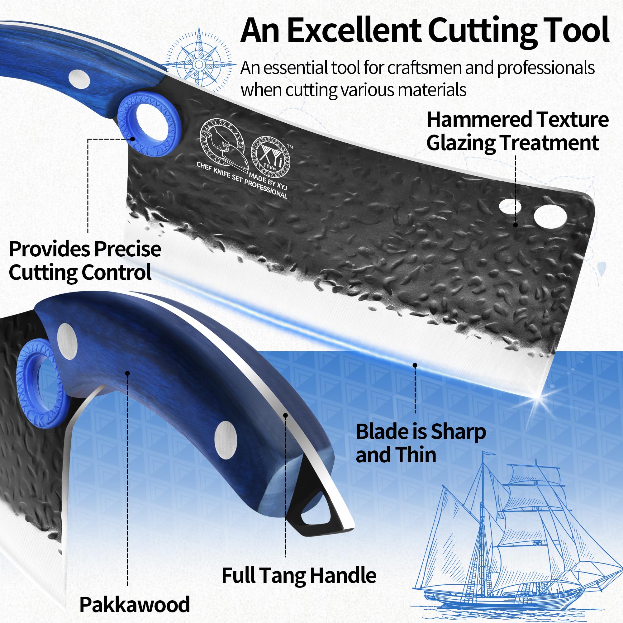 XYJ Meat Cleaver Chef Knife, 7.5 Inch High Carbon Steel Butcher