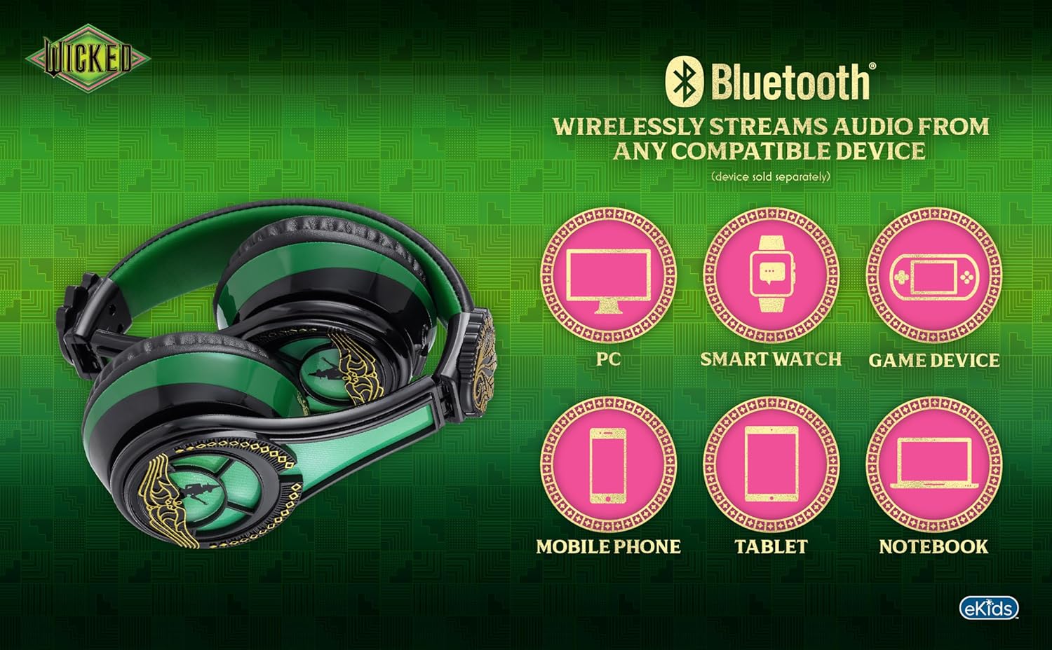 eKids Wicked Elphaba Bluetooth Headphones for Kids, Wireless Headphones with Microphone Includes Aux Cord (Elphaba) - Image 7