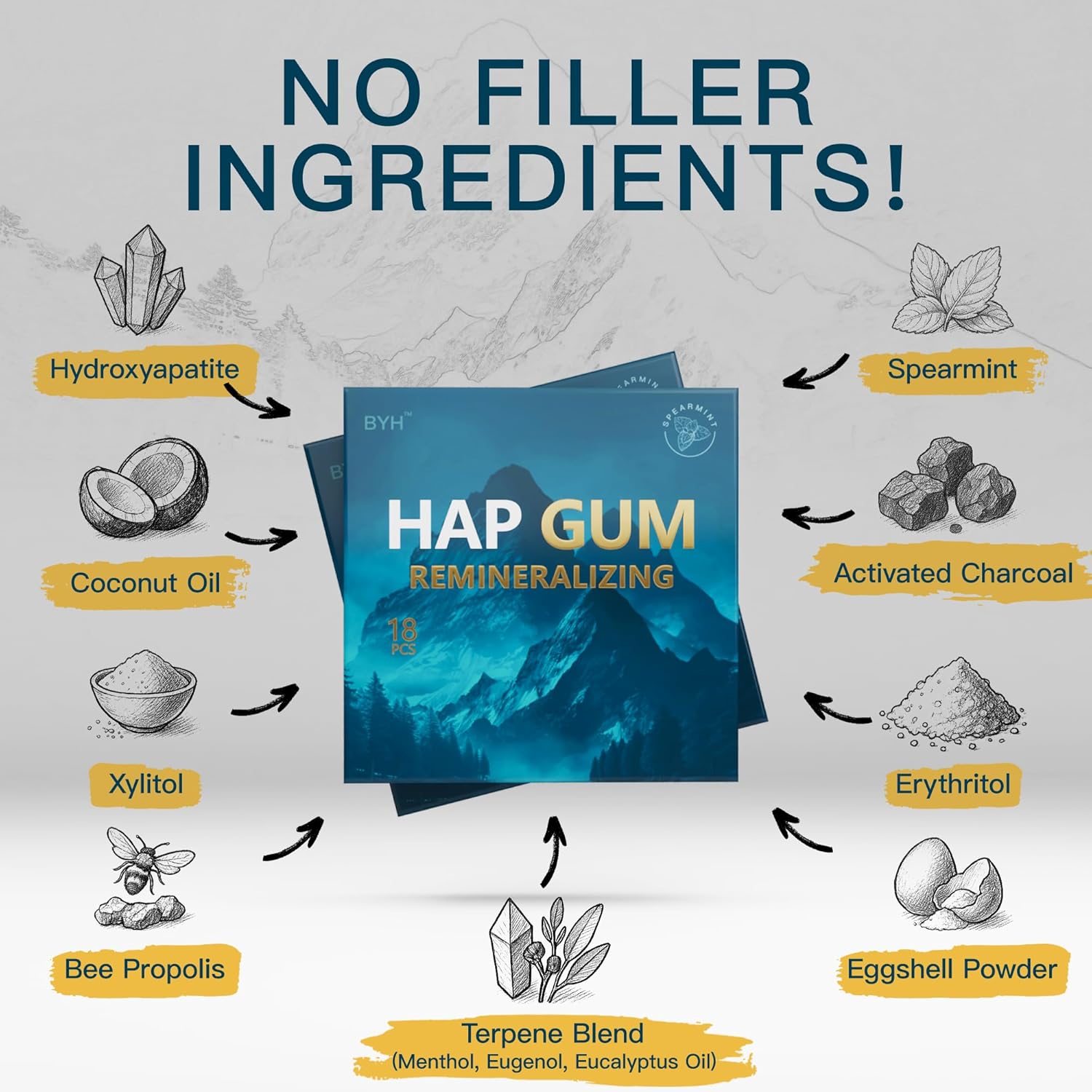 BYH Remineralizing Gum with Nano Hydroxyapatite & Xylitol-Sugar Free Gum-72 Pieces-Tooth Remineralization, Cavity Protection & Receding Gums, Natural Peppermint Chewing Gum-Fresh Mint (4 Boxes)(4 Boxes, Mastic Mint)